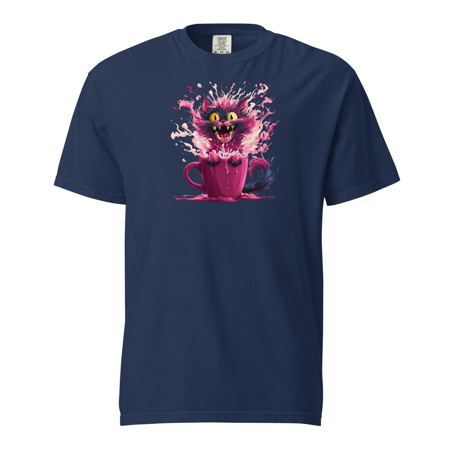 A navy t-shirt with a mischievous kitten launching itself out of a pink mug in a burst of vibrant color of chaos.