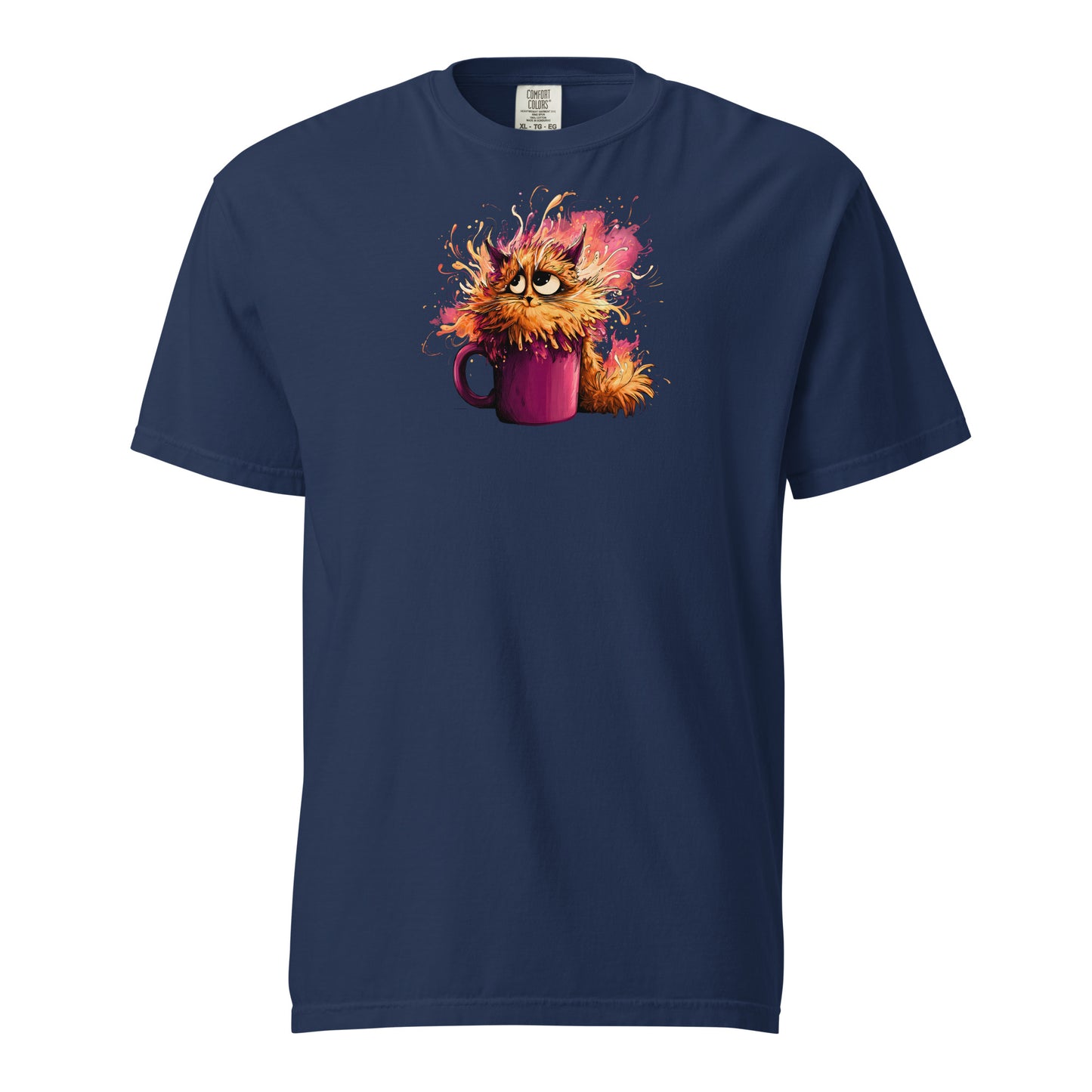 a navy t-shirt with a colorful graphic of a cat in a purple mug surrounded by chaos.