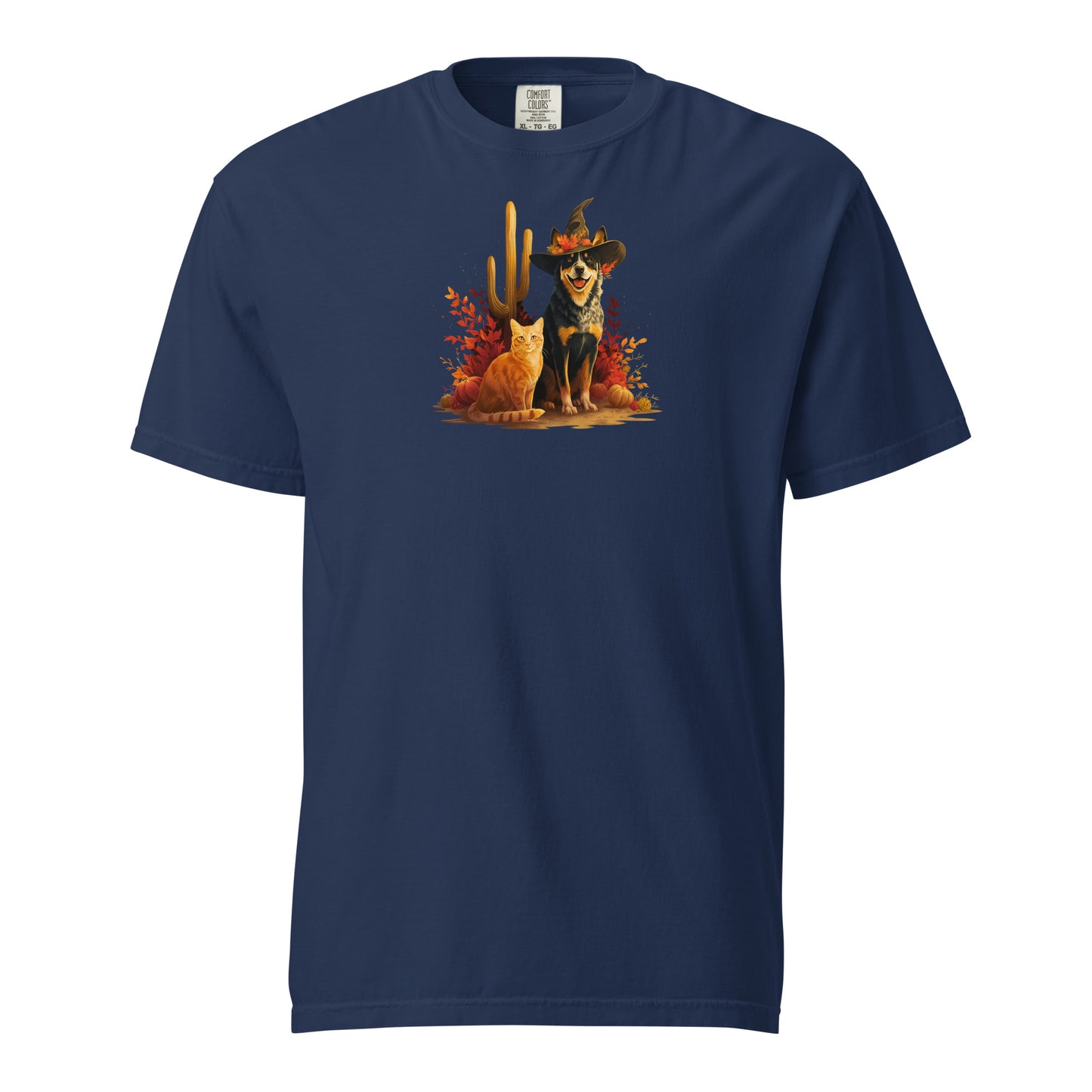 Navy t-shirt with colorful graphic of a orange cat and heeler in a witch hat desert autumn leaves and cacti.