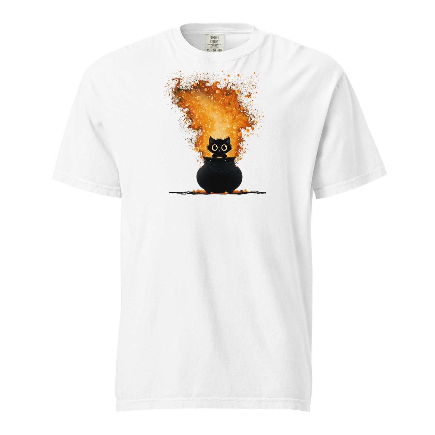 A white T-shirt with a black kitten sitting in a caldron of a bright orange and yellow fire. 