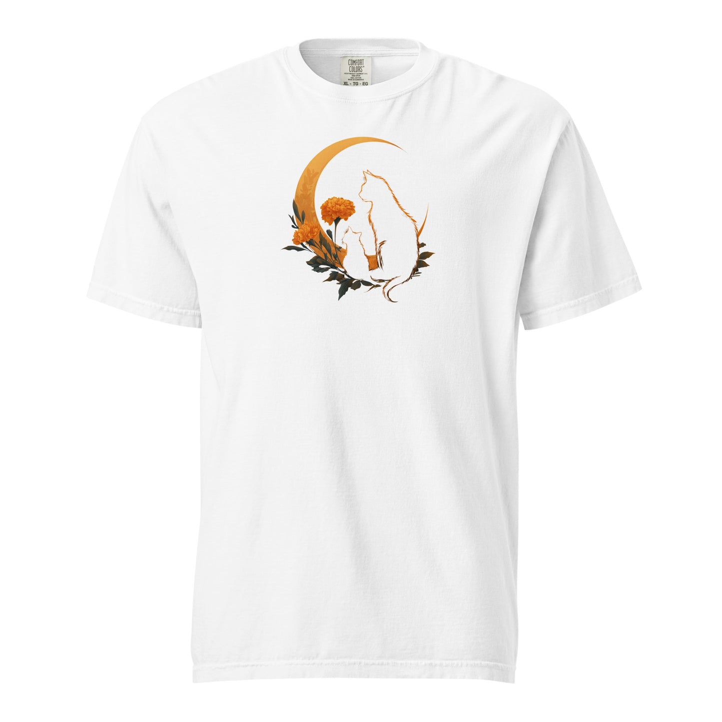 White t-shirt design with two silhouetted cats and a crescent moon and flowers