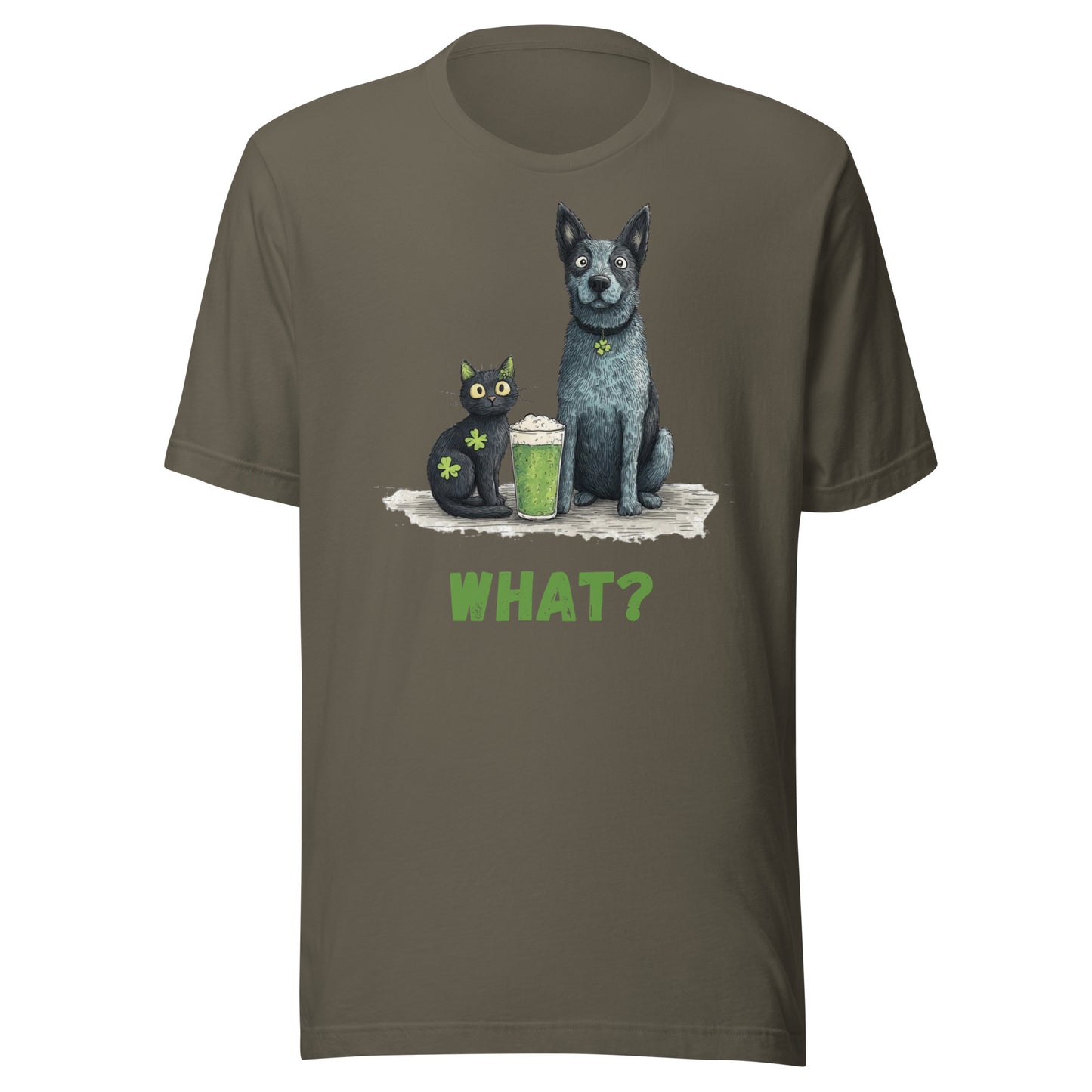 “Australian Cattle Dog and black cat St Patrick’s Day shirt with green beer and shamrocks ‘WHAT?’”