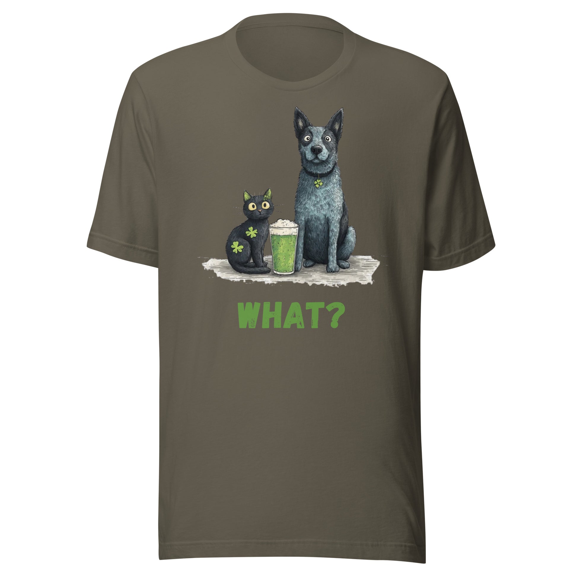 “Australian Cattle Dog and black cat St Patrick’s Day shirt with green beer and shamrocks ‘WHAT?’”
