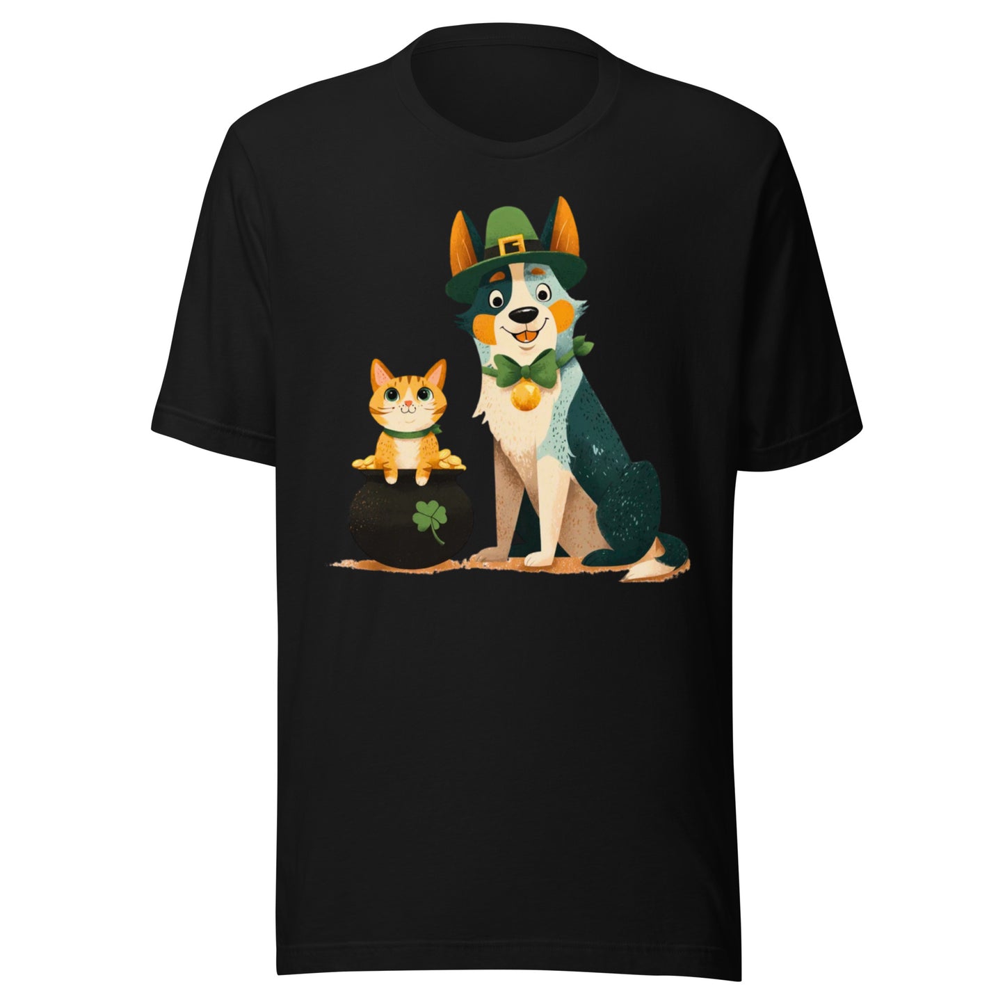 Blue heeler in leprechaun hat with ginger cat in pot of gold St Patrick’s Day t-shirt design - Black t-shirt