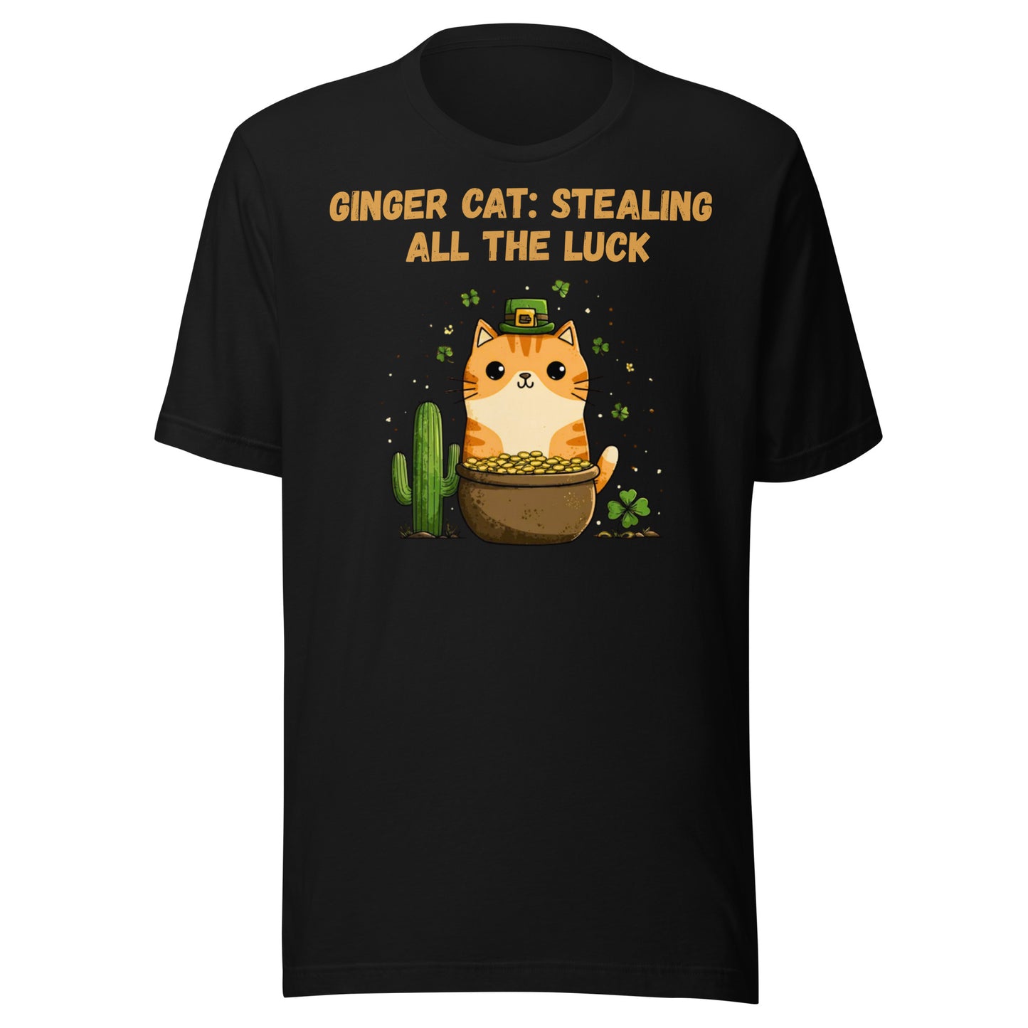 Black t-shirt St. Patrick’s Day ginger cat pot of gold design with shamrocks and saguaro cactus, ‘Stealing All the Luck