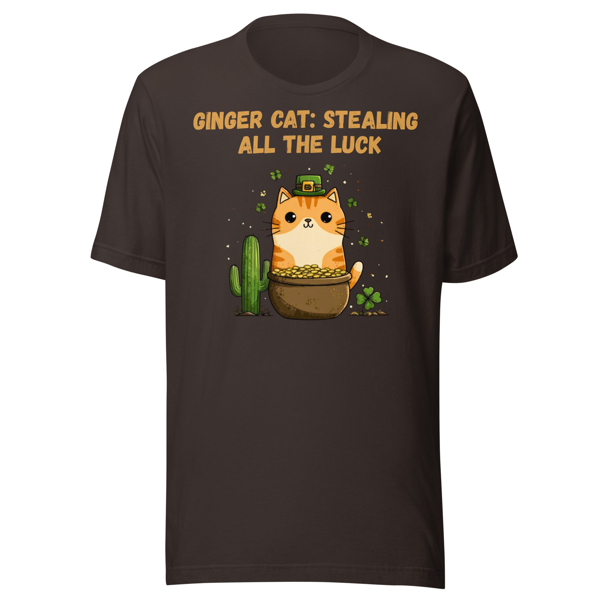 Vintage brown t-shirt with orange tabby ginger cat, pot of gold, shamrocks, saguaro cactus, ‘Stealing All the Luck’