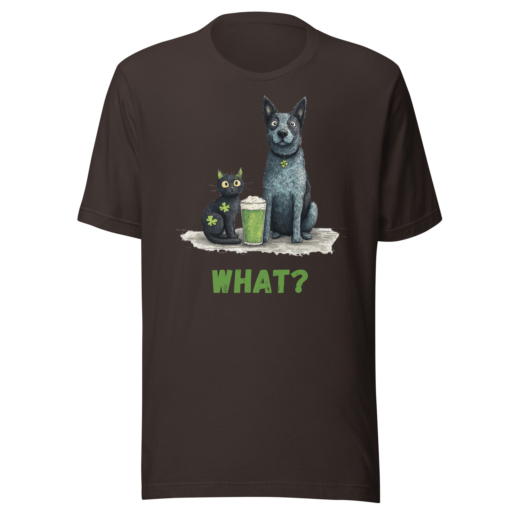 “Australian Cattle Dog and black cat St Patrick’s Day shirt with green beer and shamrocks ‘WHAT?’”