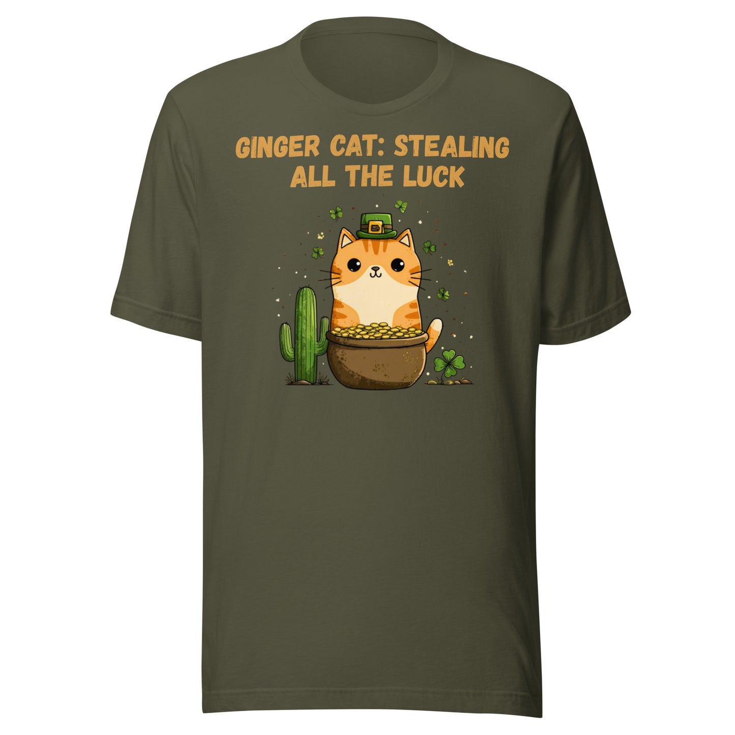 Military green St. Patrick’s Day cat shirt with orange tabby, shamrocks, pot of gold, saguaro cactus, ‘Stealing All the Luck
