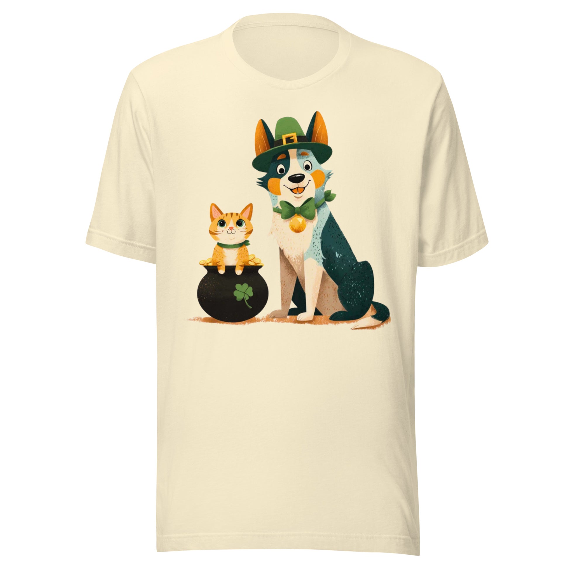 Blue heeler in leprechaun hat with ginger cat in pot of gold St Patrick’s Day t-shirt design - natural t-shirt