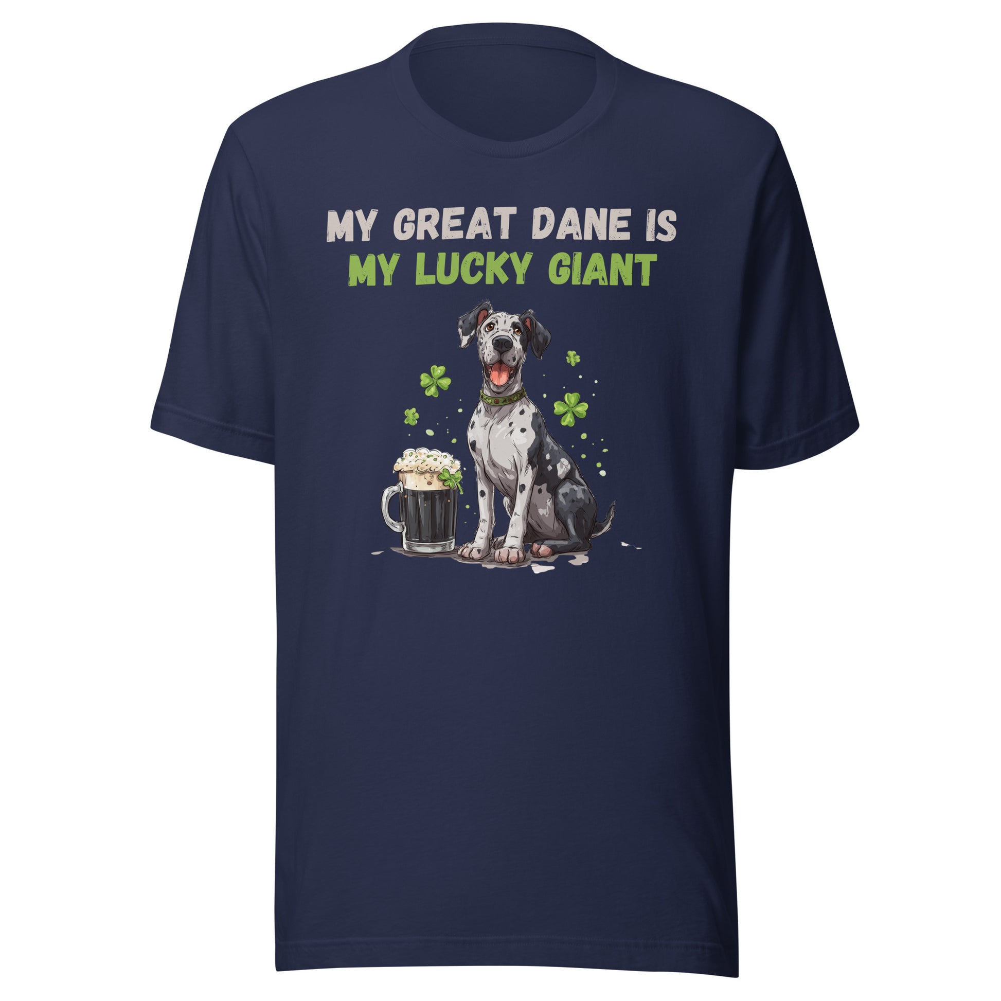 Great Dane pub crawl St Patrick’s Day tee, close-up of design, Navy shirt 