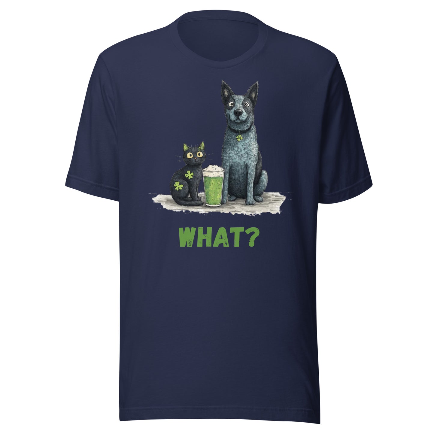 “Australian Cattle Dog and black cat St Patrick’s Day shirt with green beer and shamrocks ‘WHAT?’”
