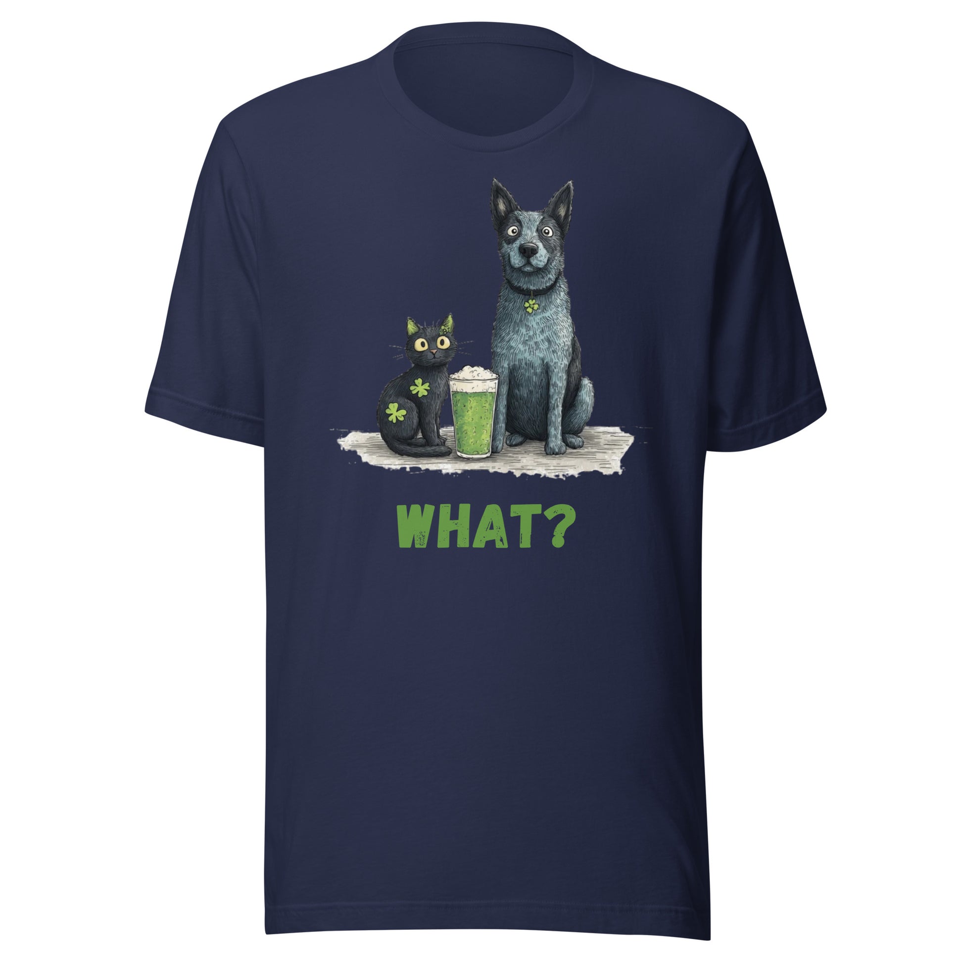 “Australian Cattle Dog and black cat St Patrick’s Day shirt with green beer and shamrocks ‘WHAT?’”