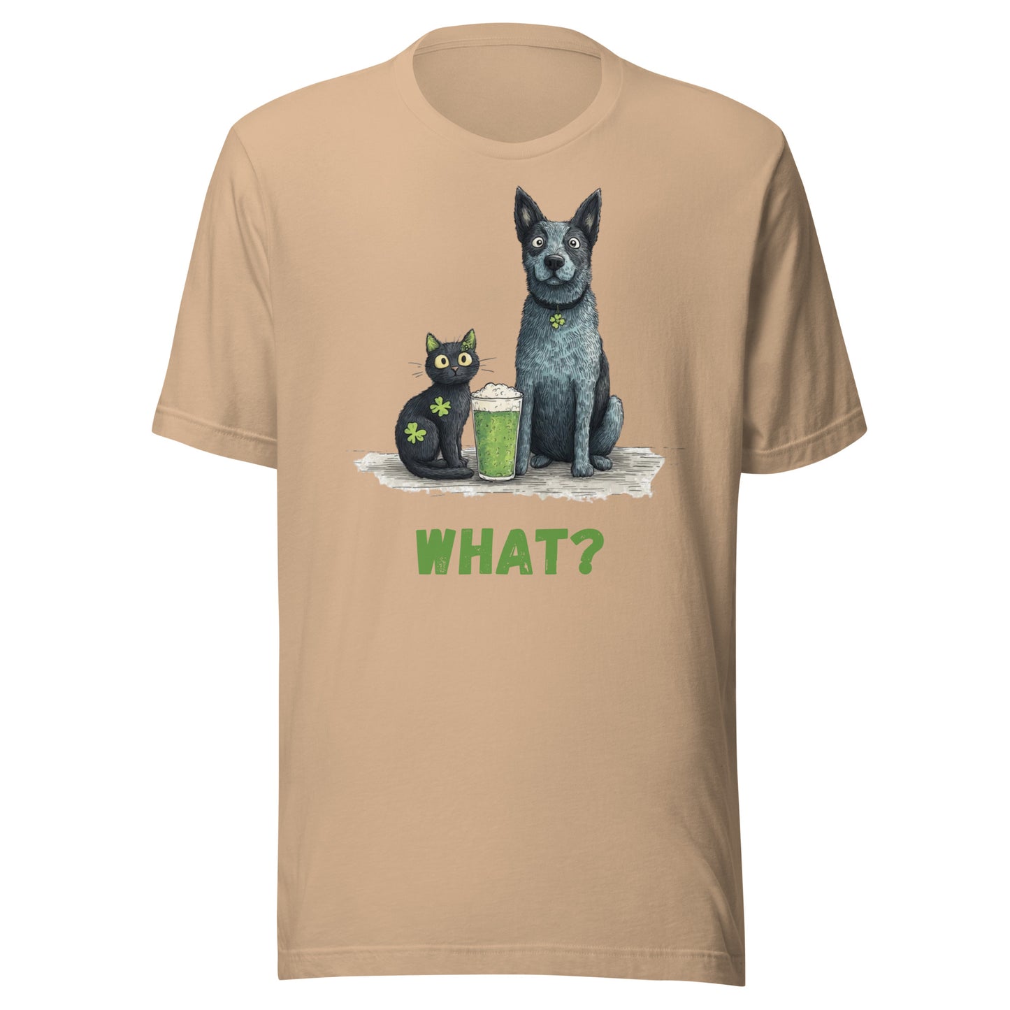 Australian Cattle Dog and black cat St Patrick’s Day shirt with green beer and shamrocks ‘WHAT?’”