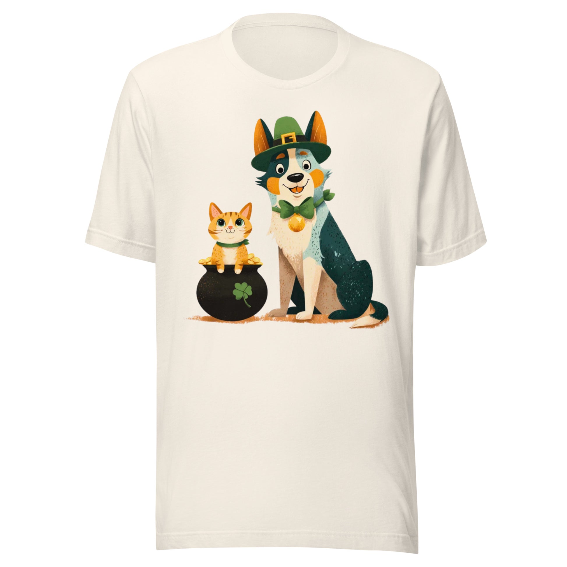 Blue heeler in leprechaun hat with ginger cat in pot of gold St Patrick’s Day t-shirt design - white t-shirt