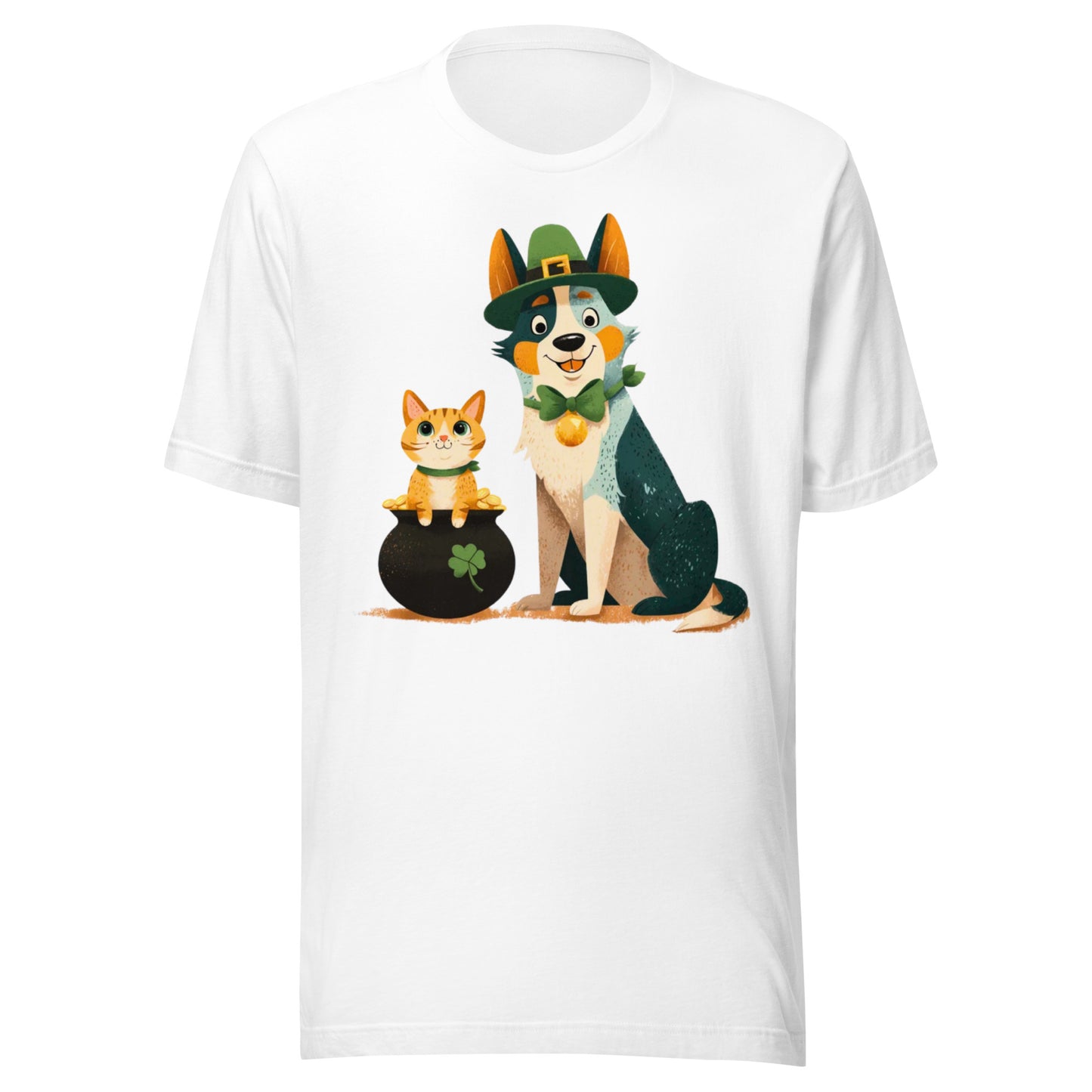 Blue heeler in leprechaun hat with ginger cat in pot of gold St Patrick’s Day t-shirt design - white t-shirt