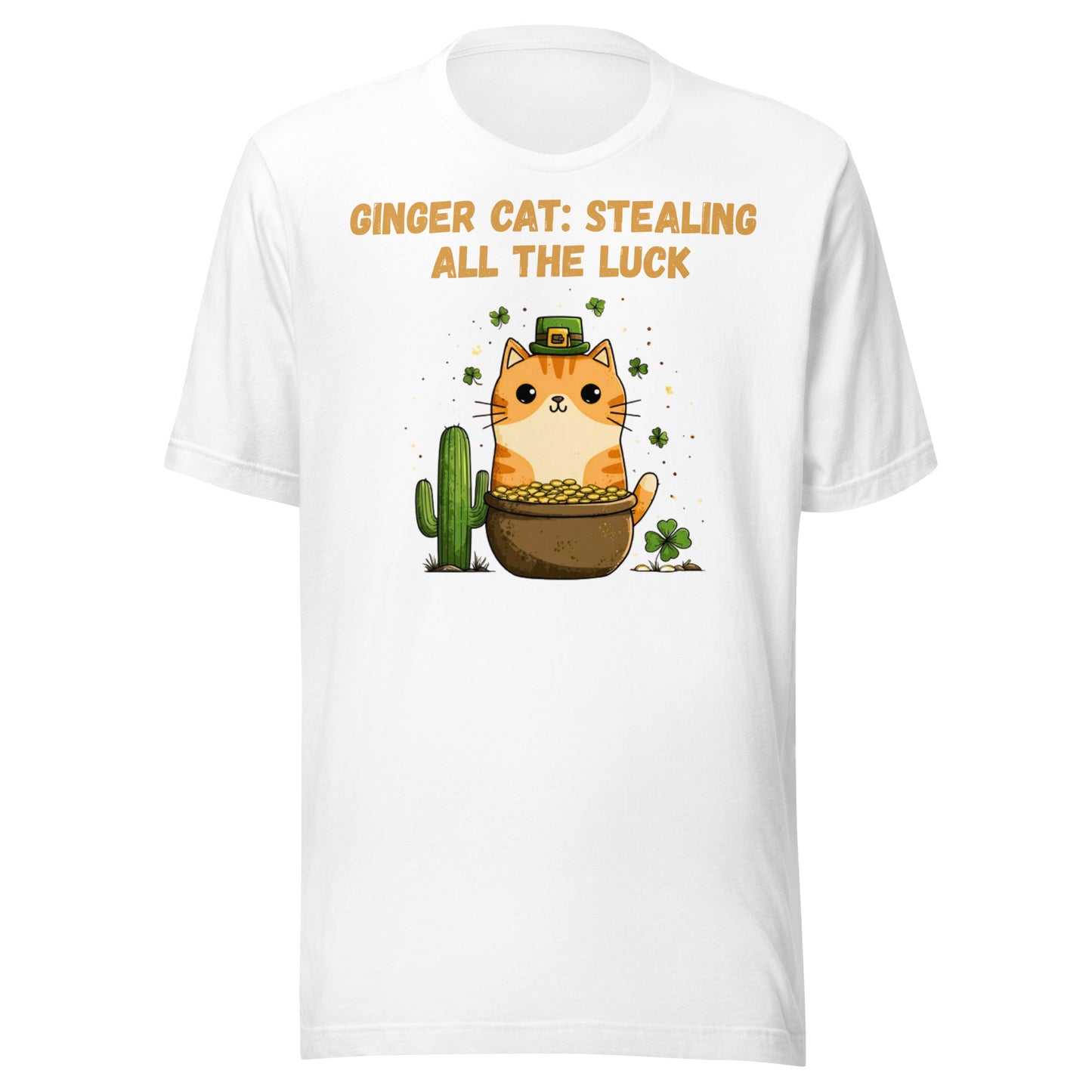 White St. Patrick’s Day cat shirt with orange tabby, shamrocks, pot of gold, saguaro cactus, ‘Stealing All the Luck