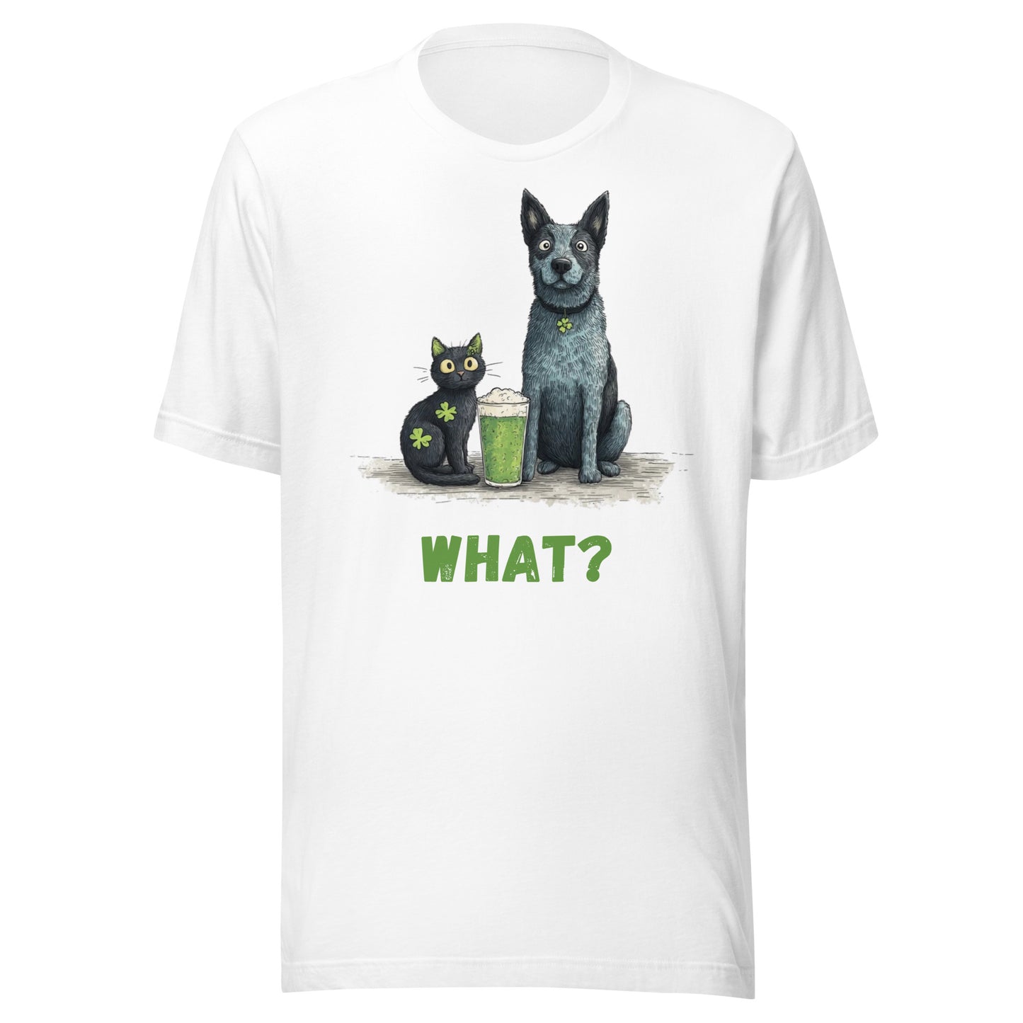 “Australian Cattle Dog and black cat St Patrick’s Day shirt with green beer and shamrocks ‘WHAT?’”