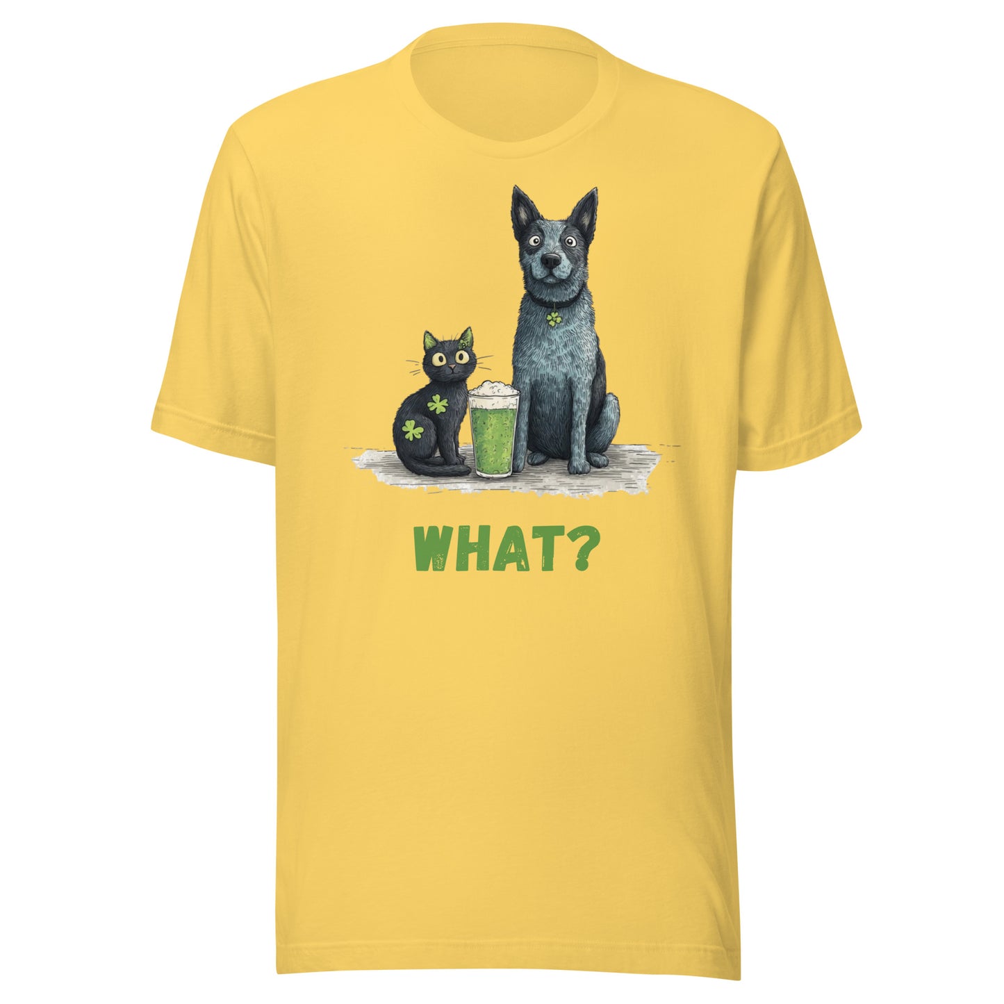 “Australian Cattle Dog and black cat St Patrick’s Day shirt with green beer and shamrocks ‘WHAT?’”