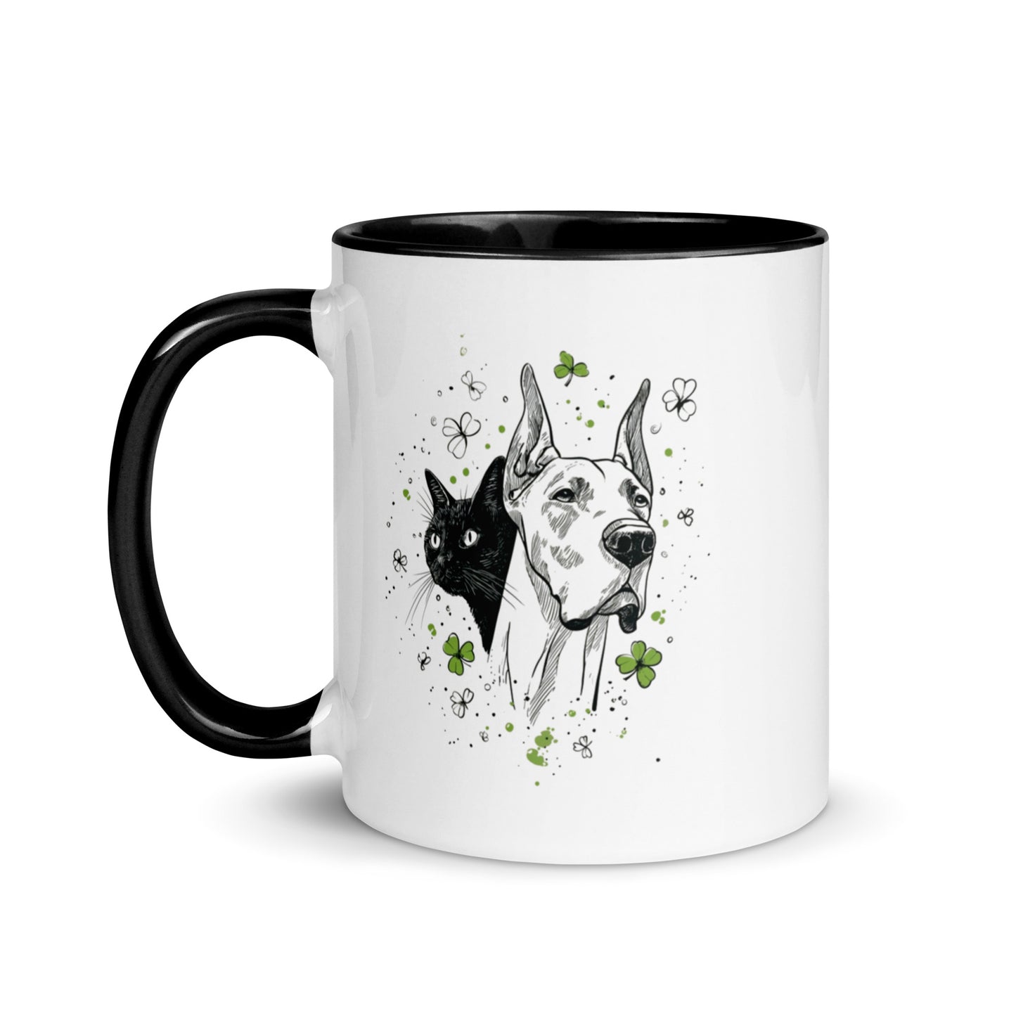 White mug with black handle and interior featuring ink sketch Great Dane and black cat with shamrocks.