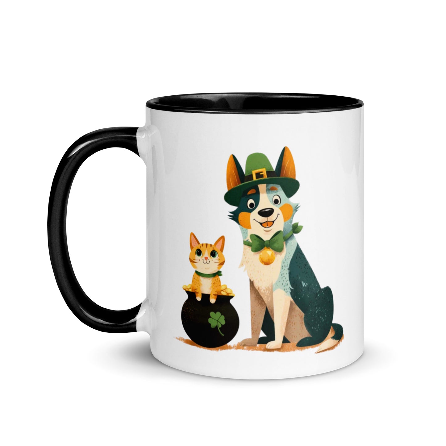 Blue Heeler in leprechaun hat with ginger cat in pot of gold St Patrick’s Day accent mug, black colored handle