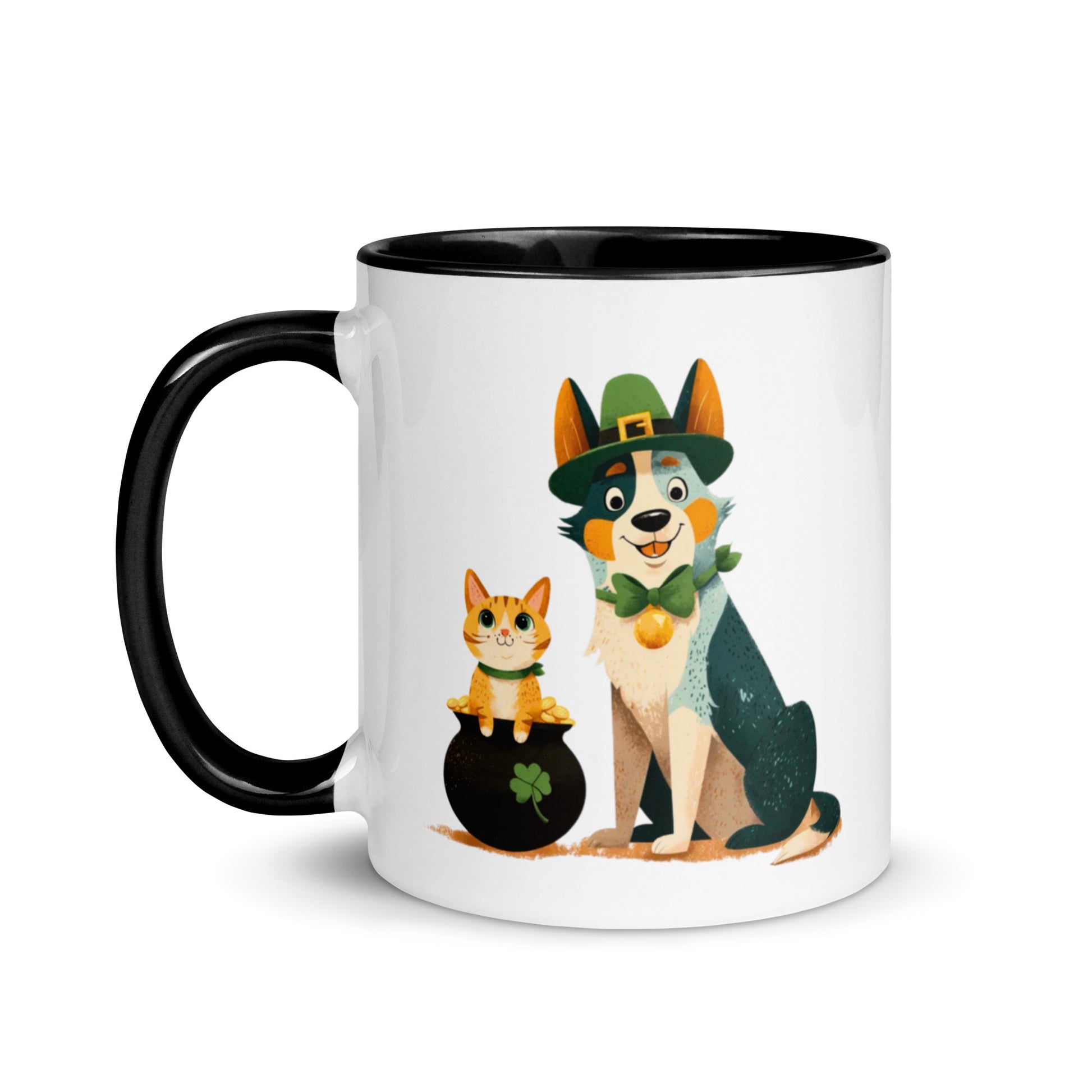 Blue Heeler in leprechaun hat with ginger cat in pot of gold St Patrick’s Day accent mug, black colored handle