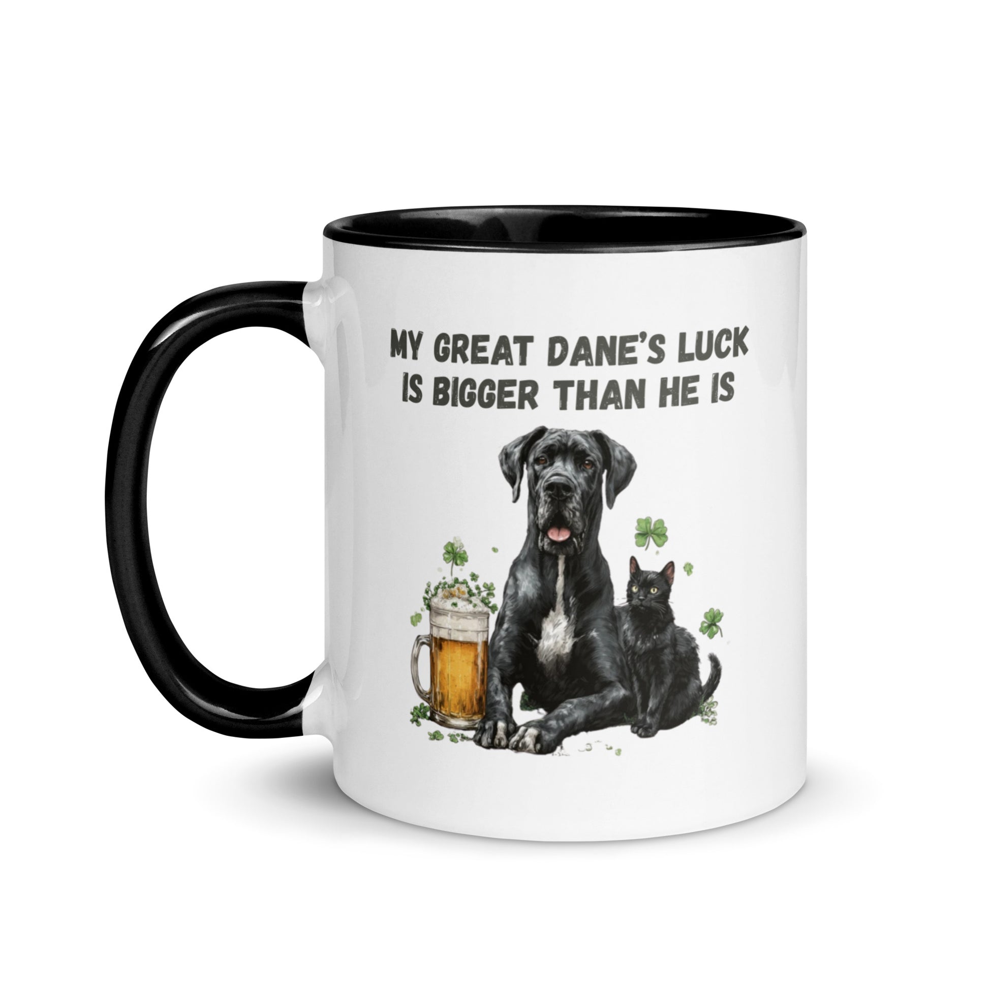 Funny Great Dane and black cat St Patrick’s Day accent mug with beer and shamrocks, quote ‘My Great Dane’s Luck Is Bigger Than He Is"