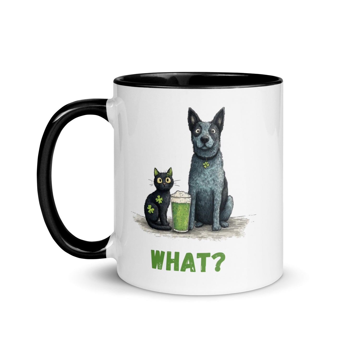 Black handle accent mug, blue heeler and black cat St. Patrick’s Day design, ‘WHAT?’ text