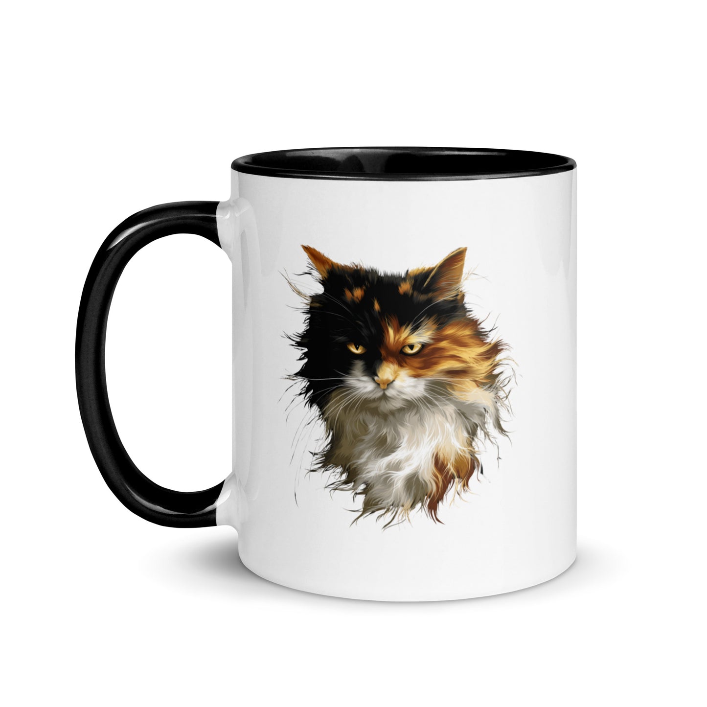 Calico cat coffee mug with warm long-haired cat portrait and colored handle