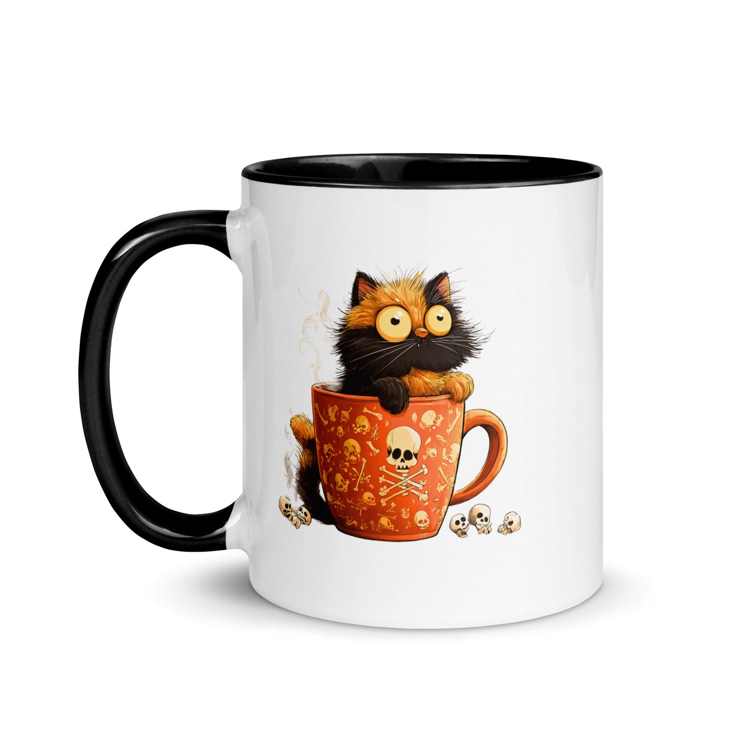 White mug with black handle and interior, featuring a cartoon illustration of a calico cat with skulls somehow manages to be cute and edgy at the same time.