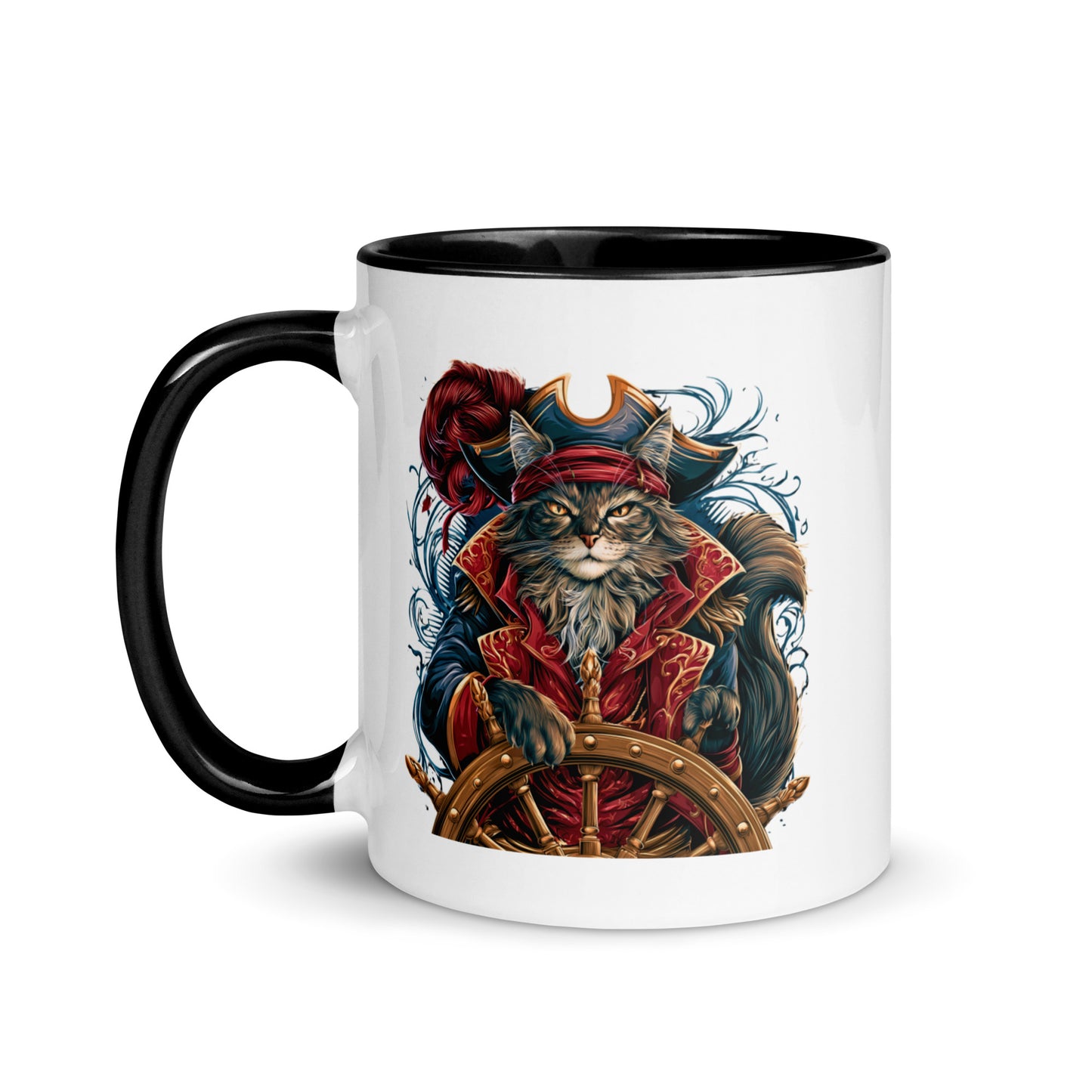 Cat dressed as a pirate with a ship's wheel on a mug