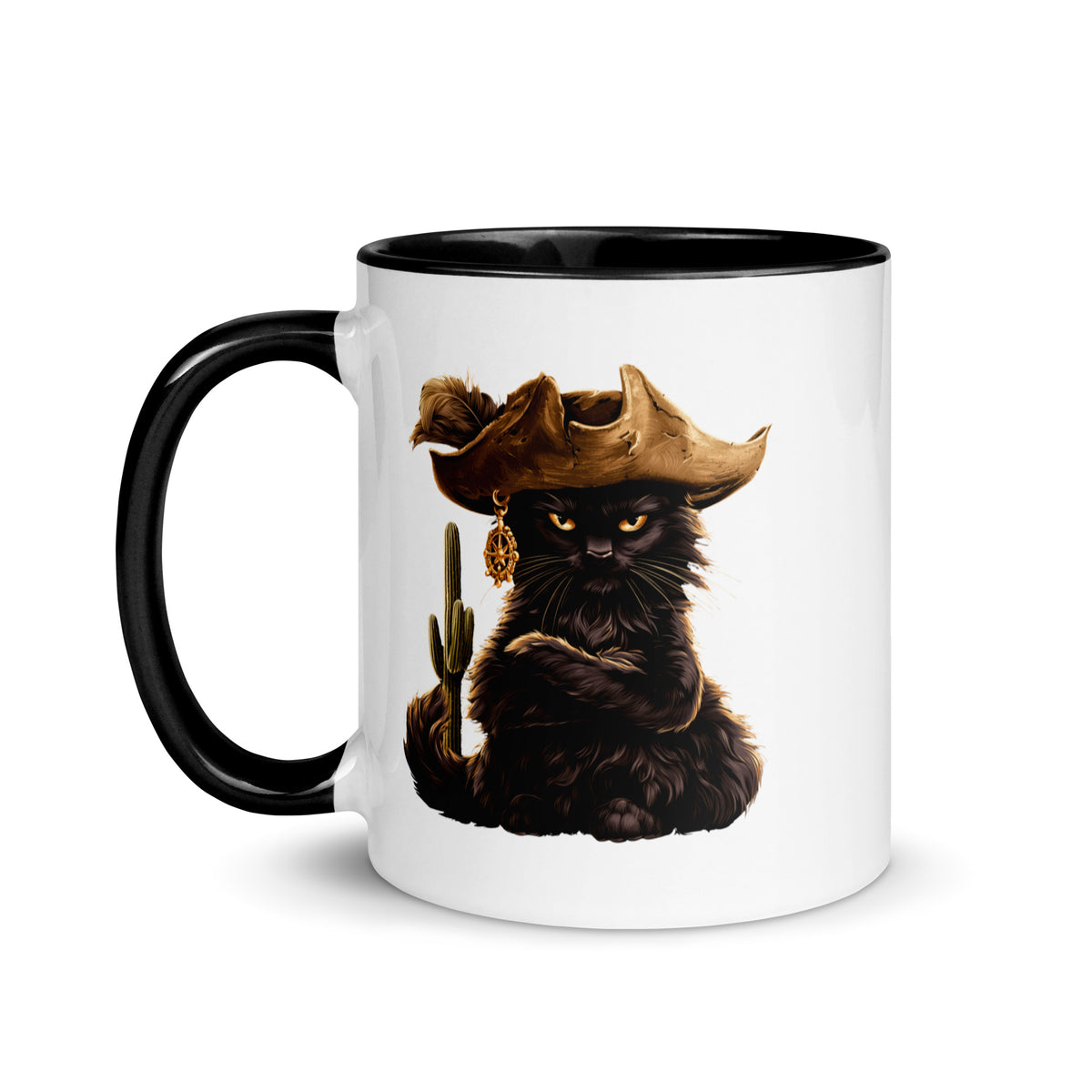 Black cat in a cowboy hat with a cactus on a white mug with a black handle
