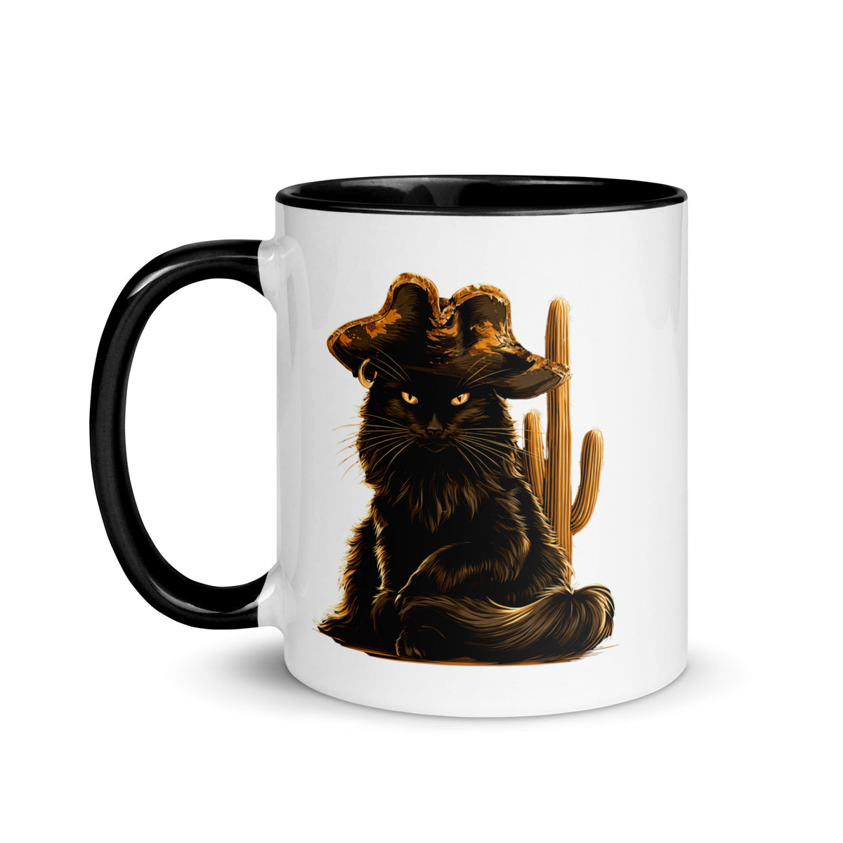Black cat wearing a cowboy hat next to a cactus on a white mug