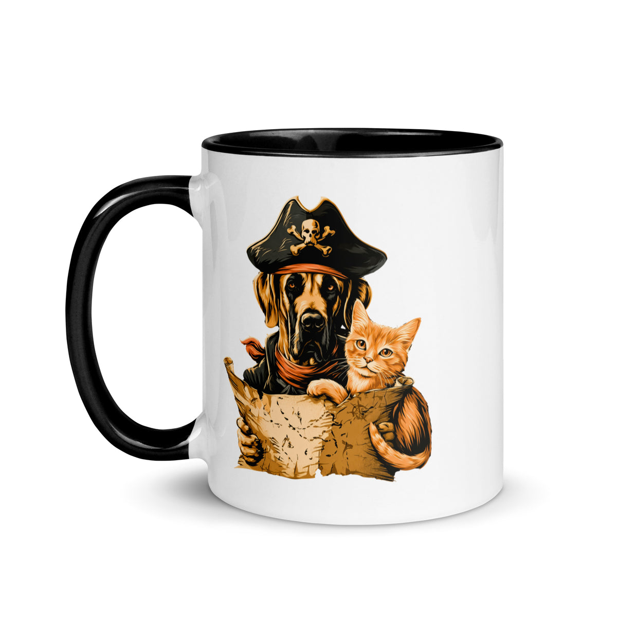 Mug with a pirate dog and cat holding a treasure map