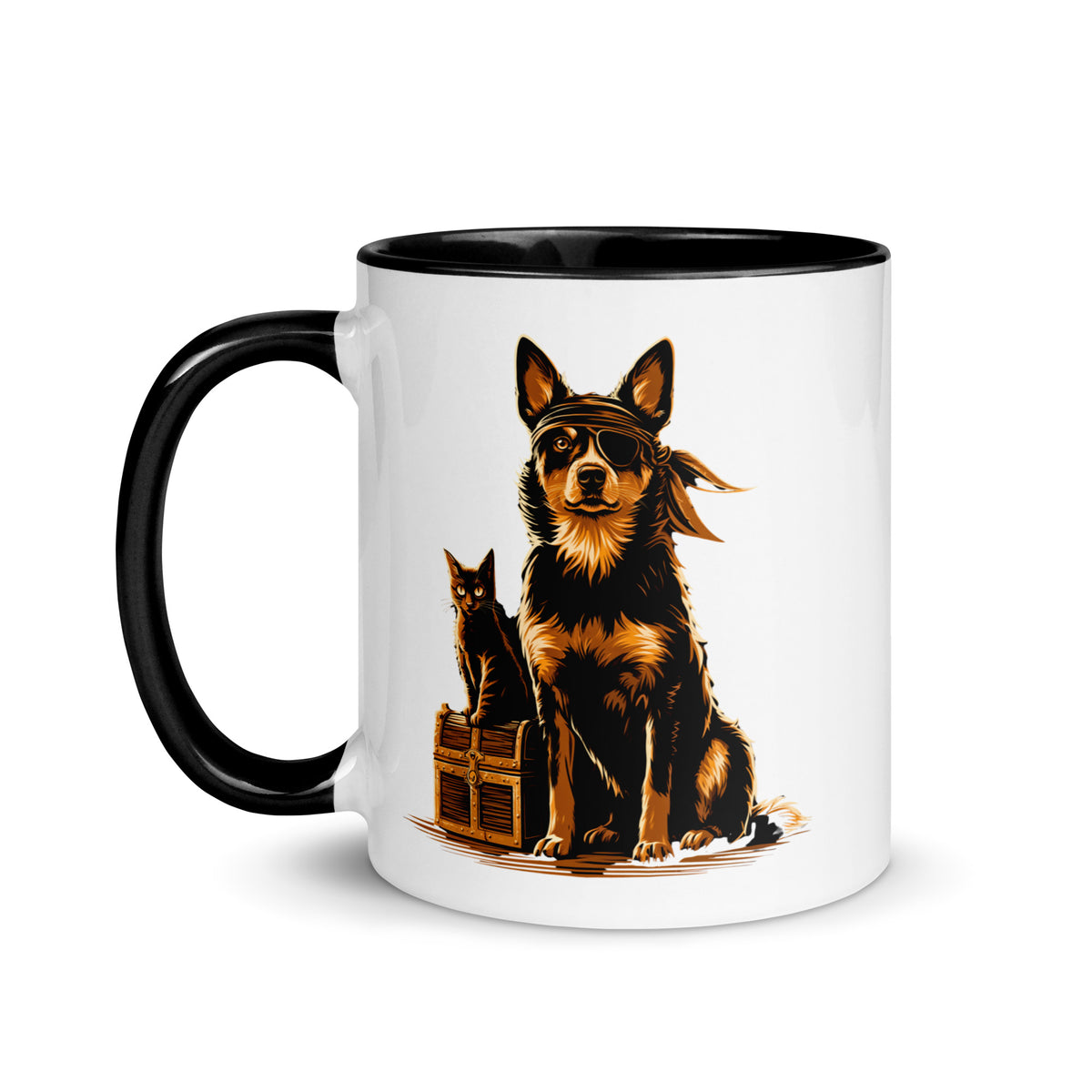 Mug showcasing a dog with a bandana and eyepatch next to a cat and a treasure chest