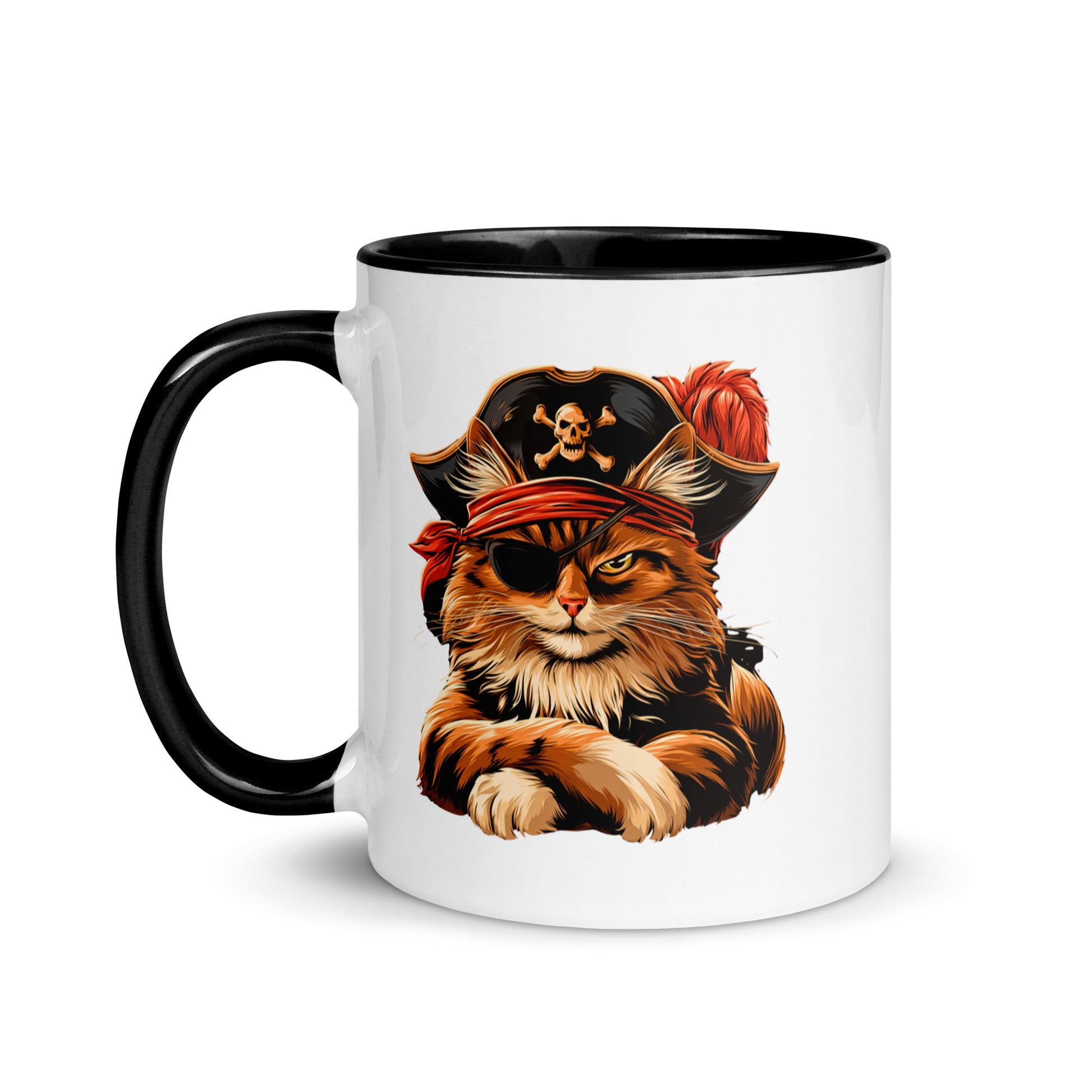 White mug with a pirate cat design, featuring an eye patch and a skull hat.