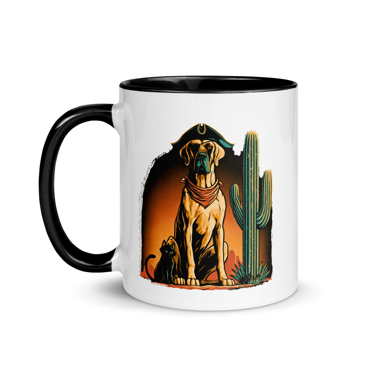 High Desert Rogues Mug showing a dog in a pirate hat and a cat, black rim