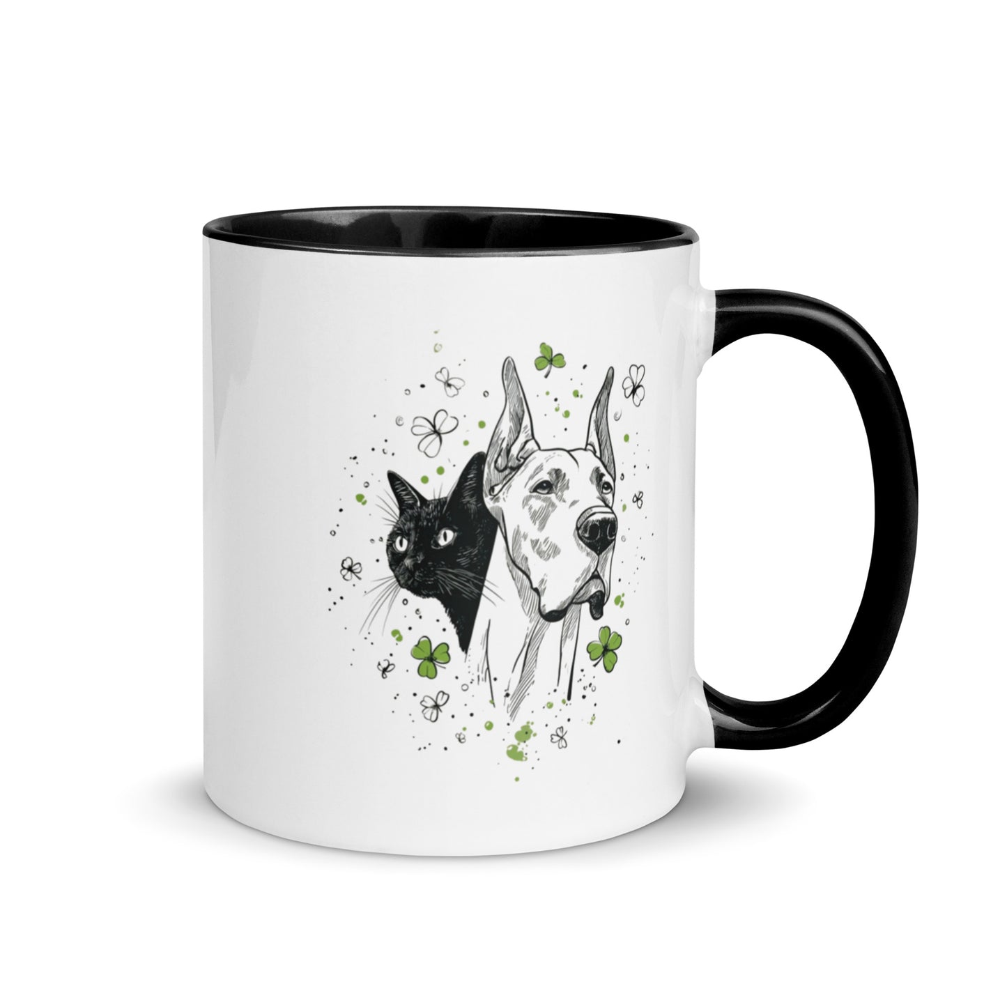 White mug with black handle and interior featuring ink sketch Great Dane and black cat with shamrocks.