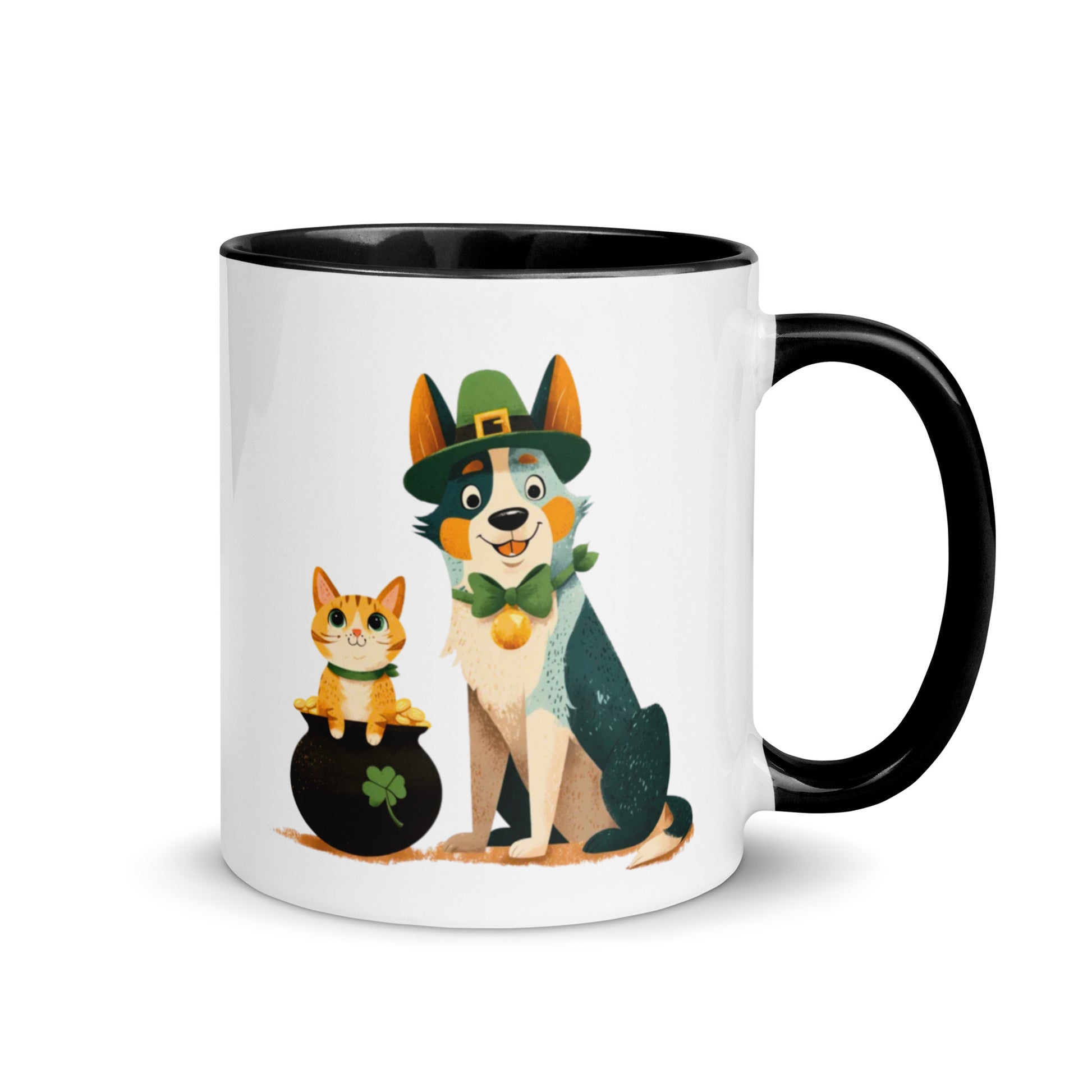 Blue Heeler in leprechaun hat with ginger cat in pot of gold St Patrick’s Day accent mug, black colored handle