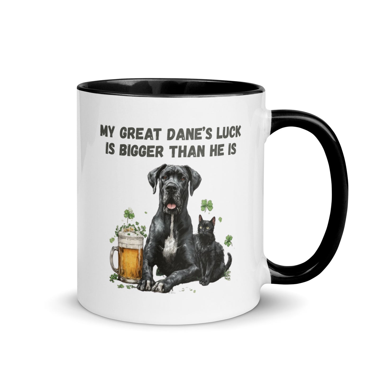 Funny Great Dane and black cat St Patrick’s Day accent mug with beer and shamrocks, quote ‘My Great Dane’s Luck Is Bigger Than He Is"