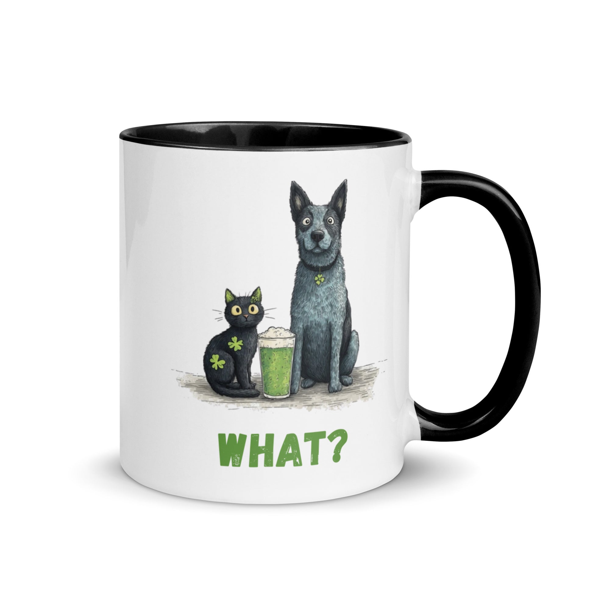 Black handle accent mug, blue heeler and black cat St. Patrick’s Day design, ‘WHAT?’ text
