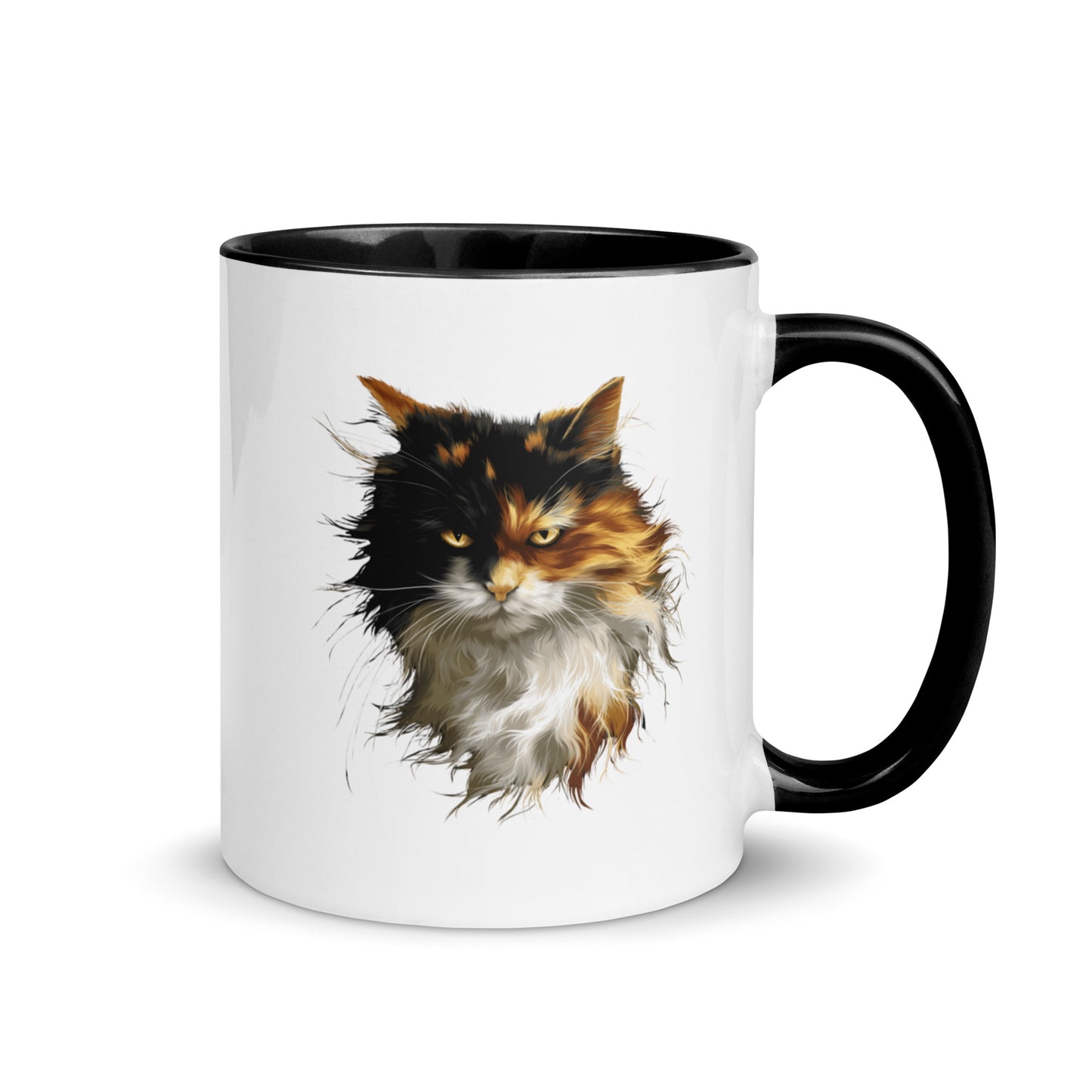 Calico cat coffee mug with warm long-haired cat portrait and black colored handle