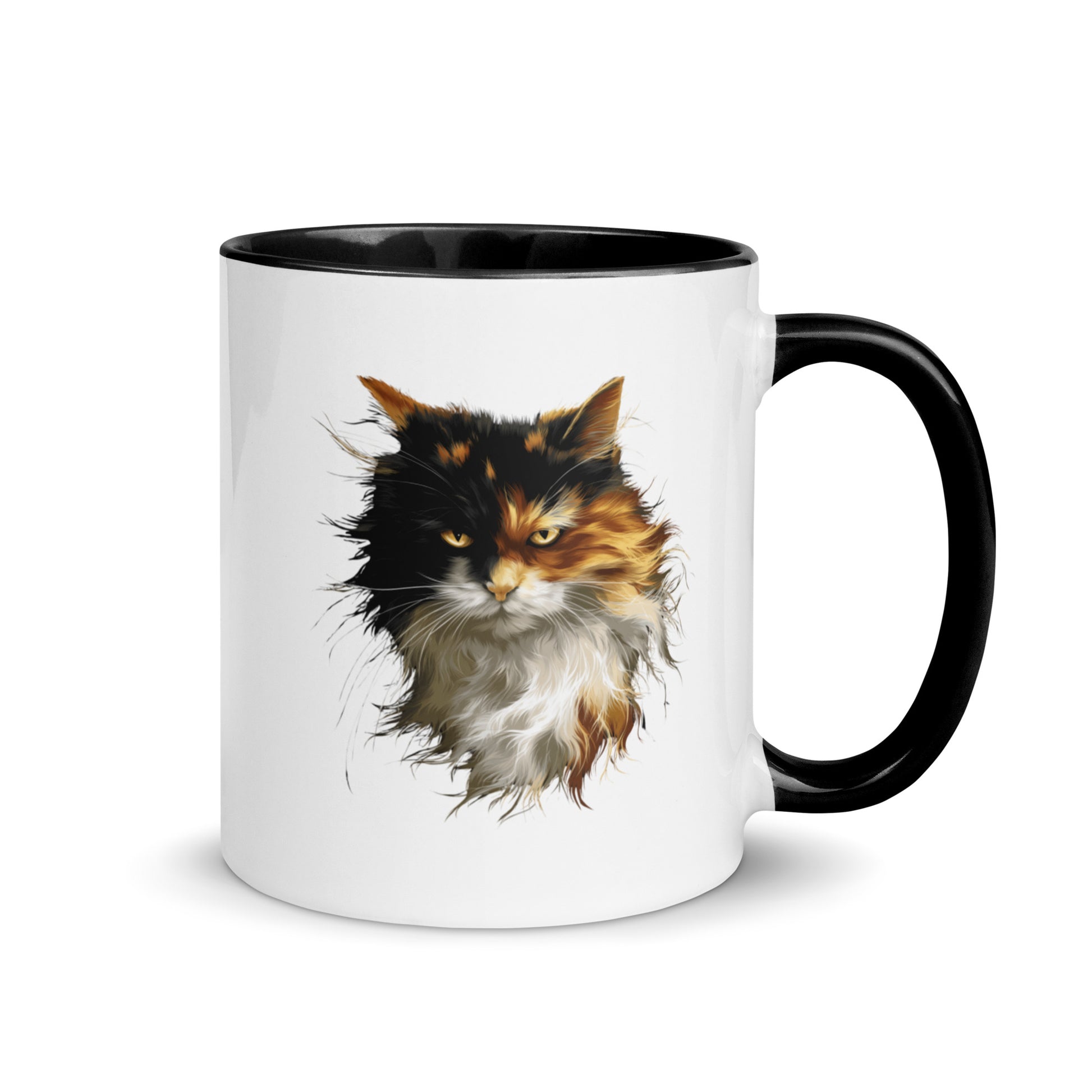 Calico cat coffee mug with warm long-haired cat portrait and black colored handle