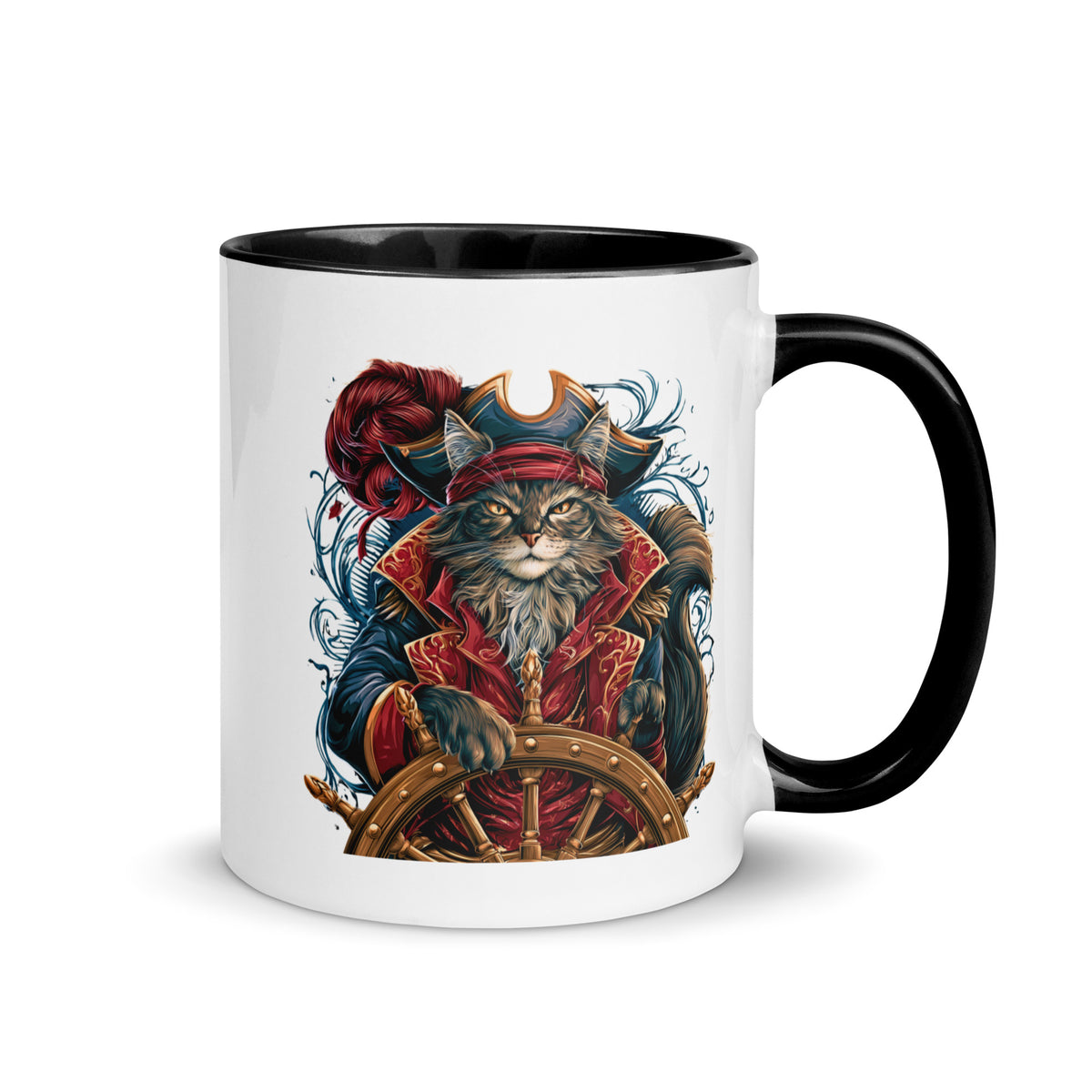 Close-up of a pirate cat design on a mug with a black handle