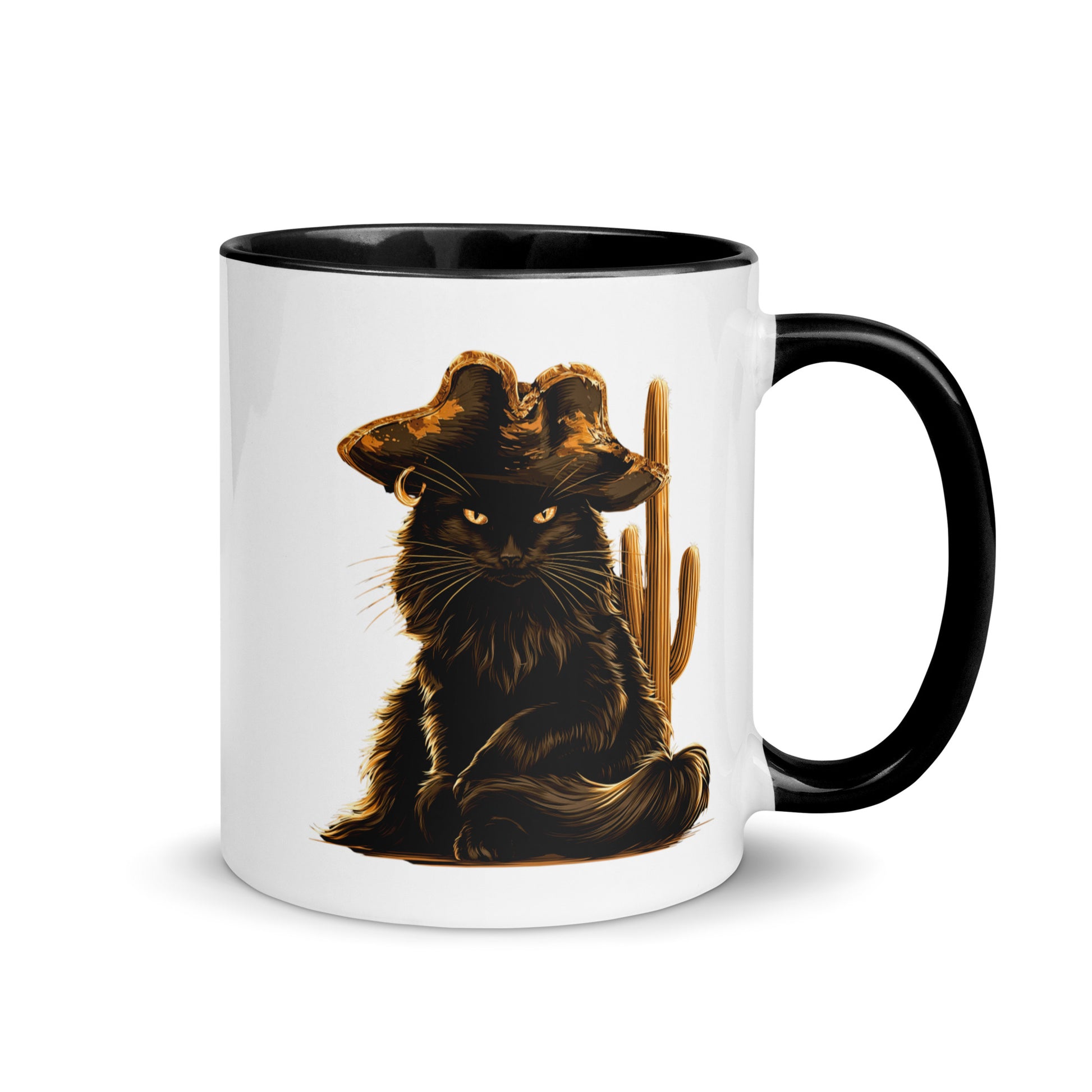 Close-up of a black cat in a cowboy hat beside a cactus on a white mug