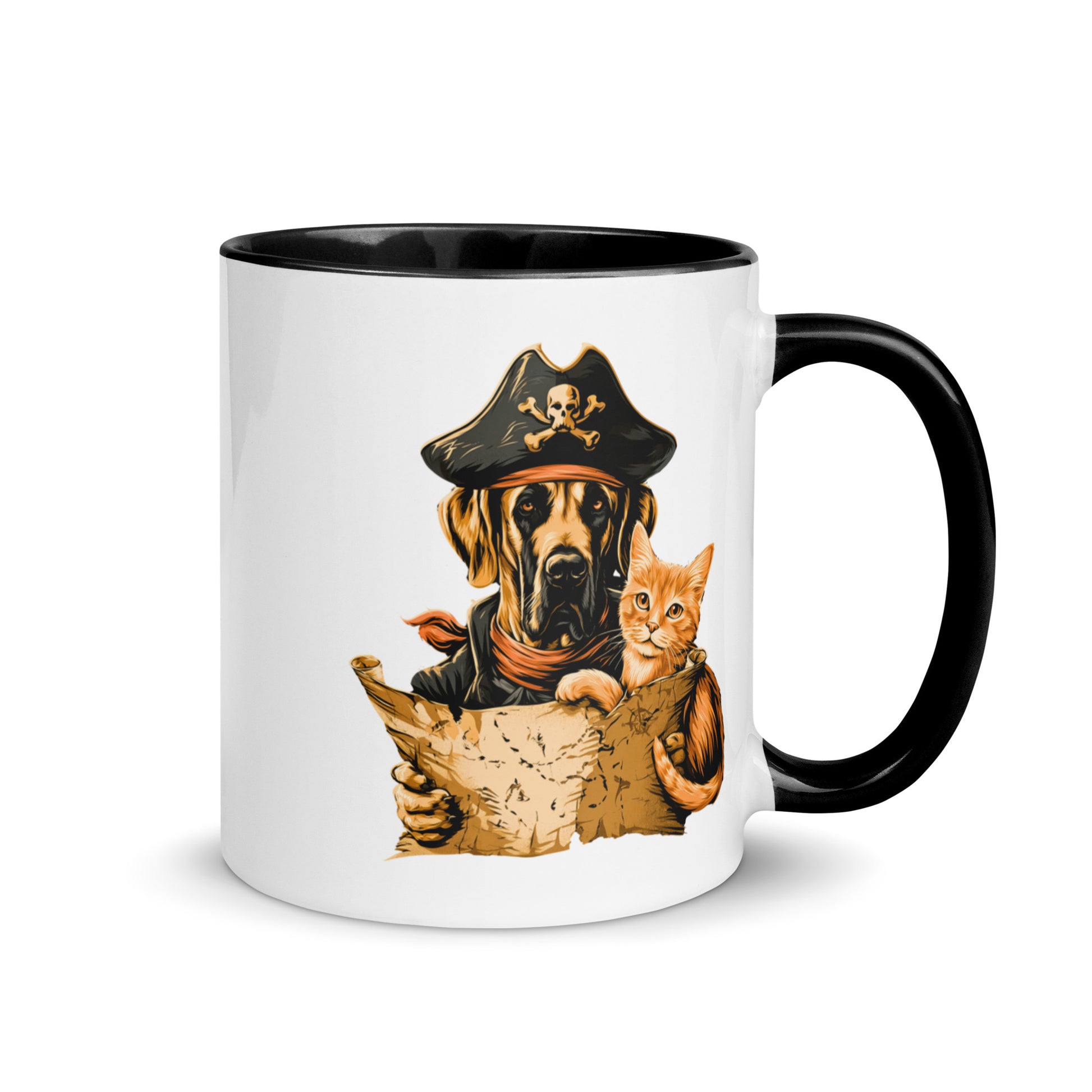 Mug featuring a pirate dog holding a treasure map with a cat