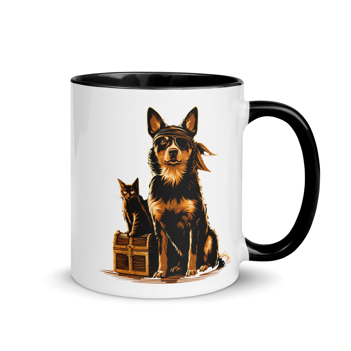 Mug featuring a dog in a bandana and an eyepatch with a cat beside a treasure chest