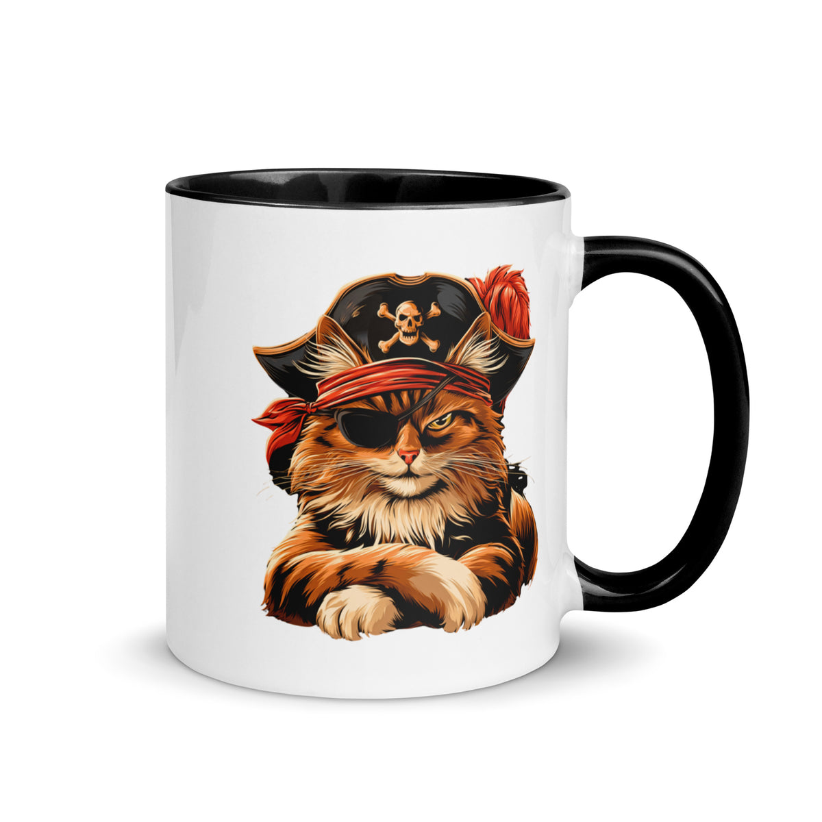 Black-handled mug featuring a pirate cat design with an eye patch and a skull hat.
