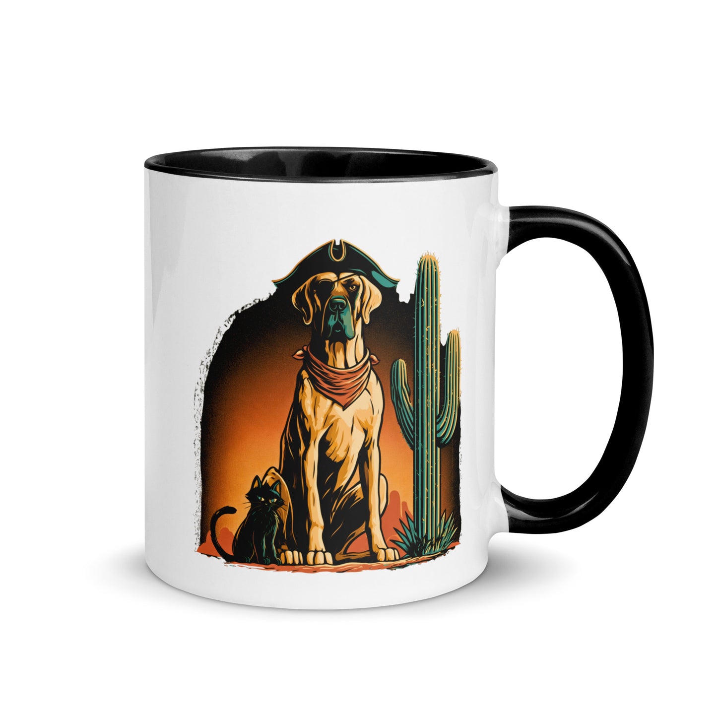 High Desert Rogues Mug featuring a dog in a pirate hat and a cat with a black handle