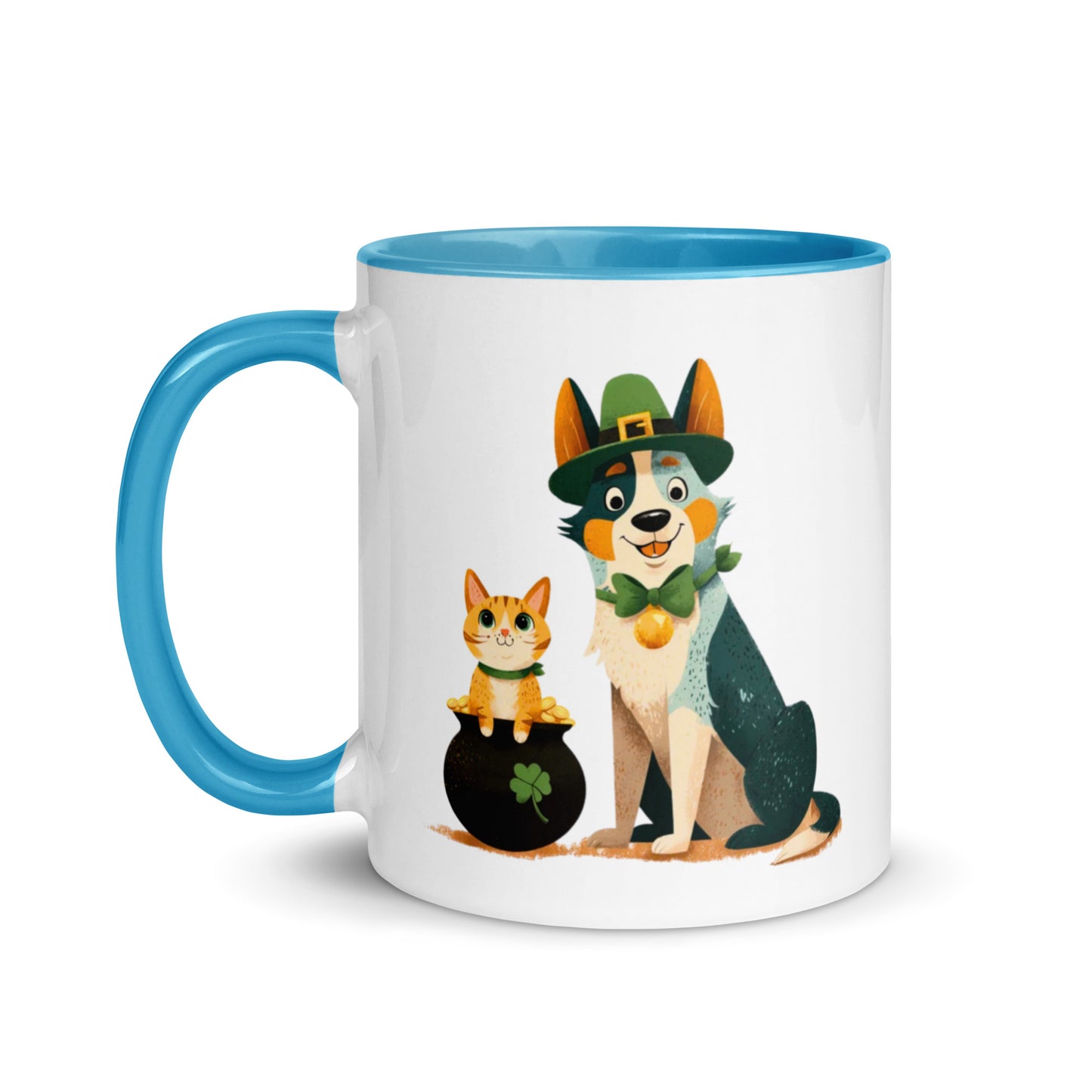 Blue Heeler in leprechaun hat with ginger cat in pot of gold St Patrick’s Day accent mug, light blue colored handle