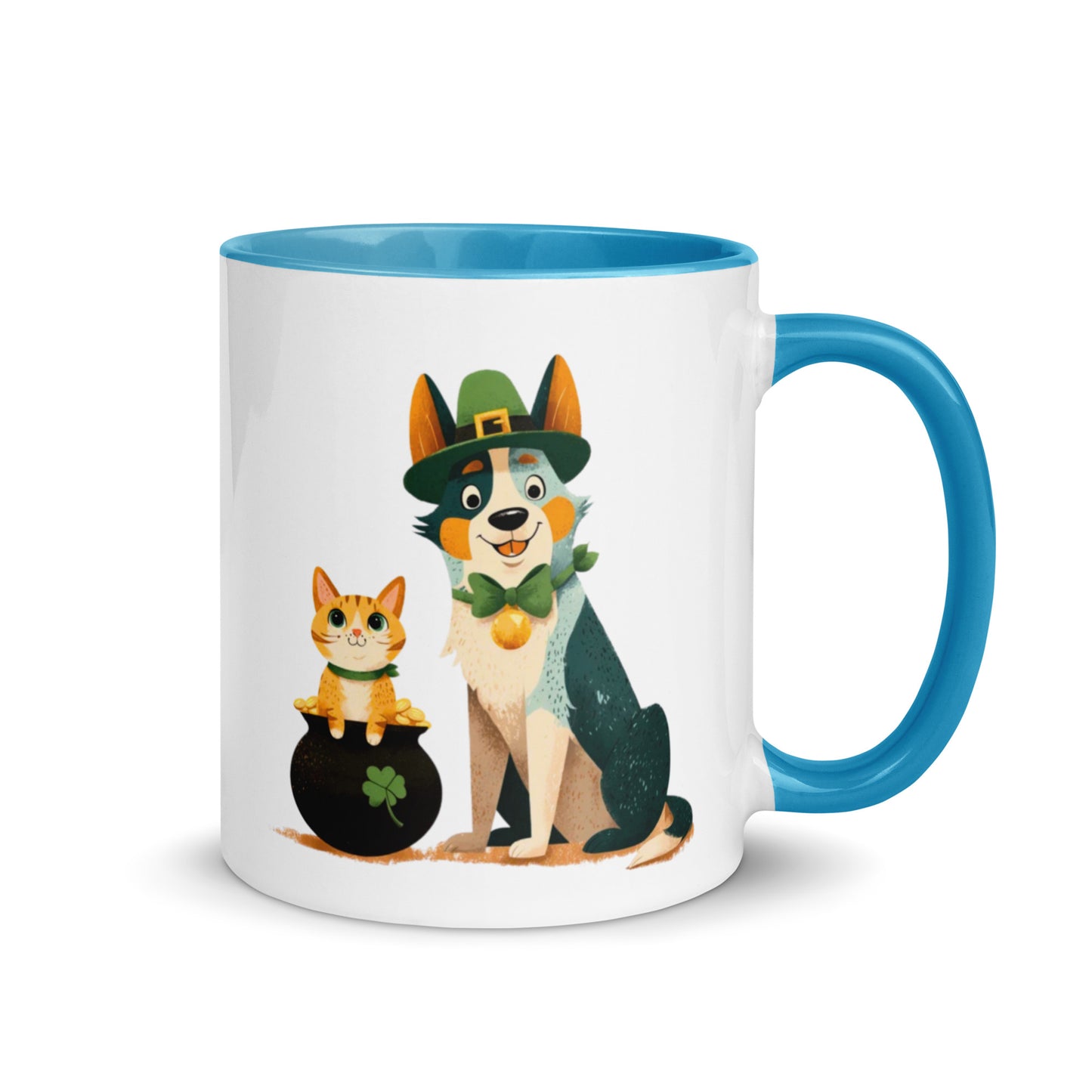 Blue Heeler in leprechaun hat with ginger cat in pot of gold St Patrick’s Day accent mug, blue colored handle